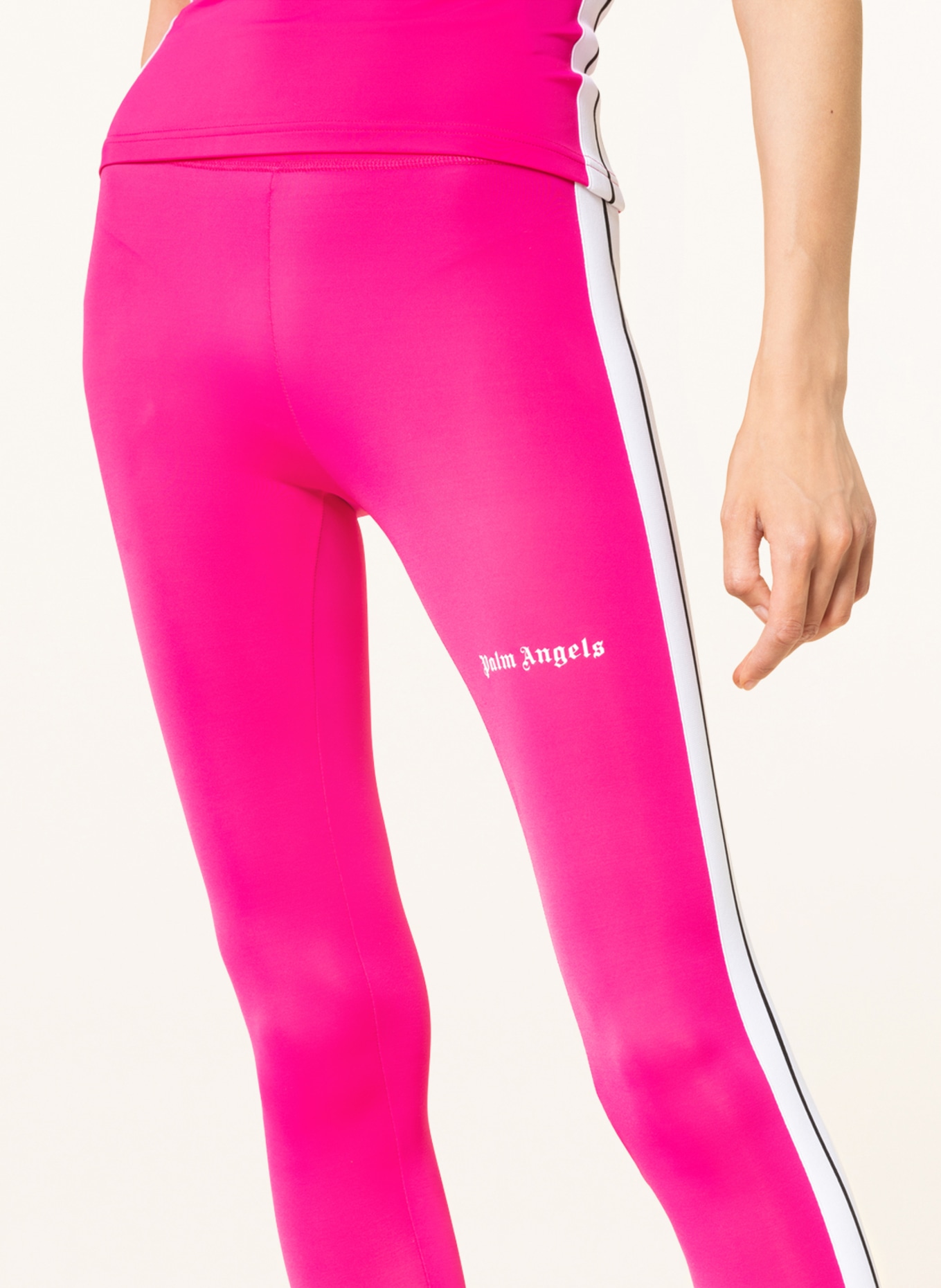 Palm Angels Leggings with tuxedo stripe in neon pink/ white