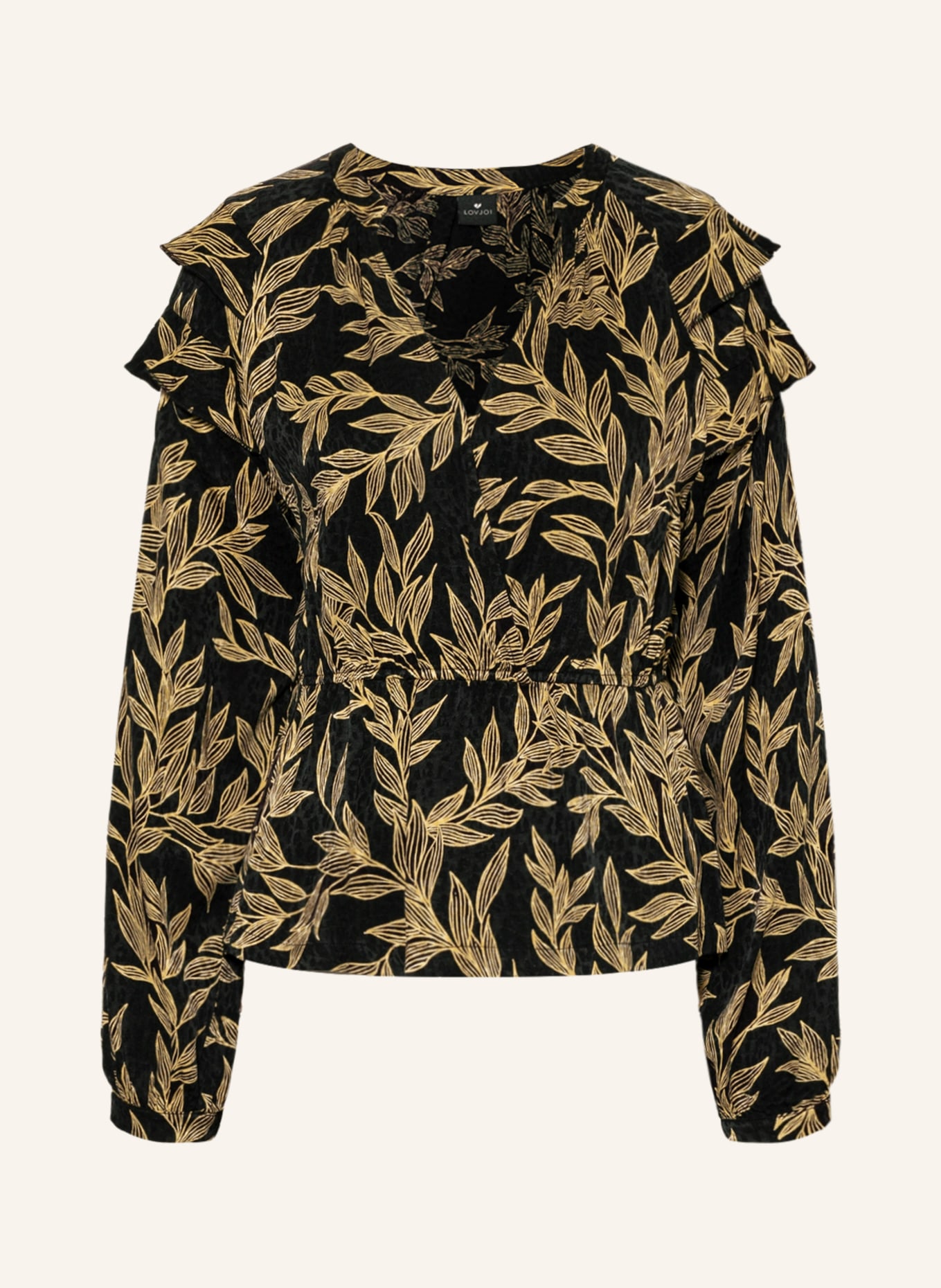 LOVJOI Bluzka MARILIN w stylu kopertowym z wolantami, Kolor: CZARNY/ CAMELOWY (Obrazek 1)