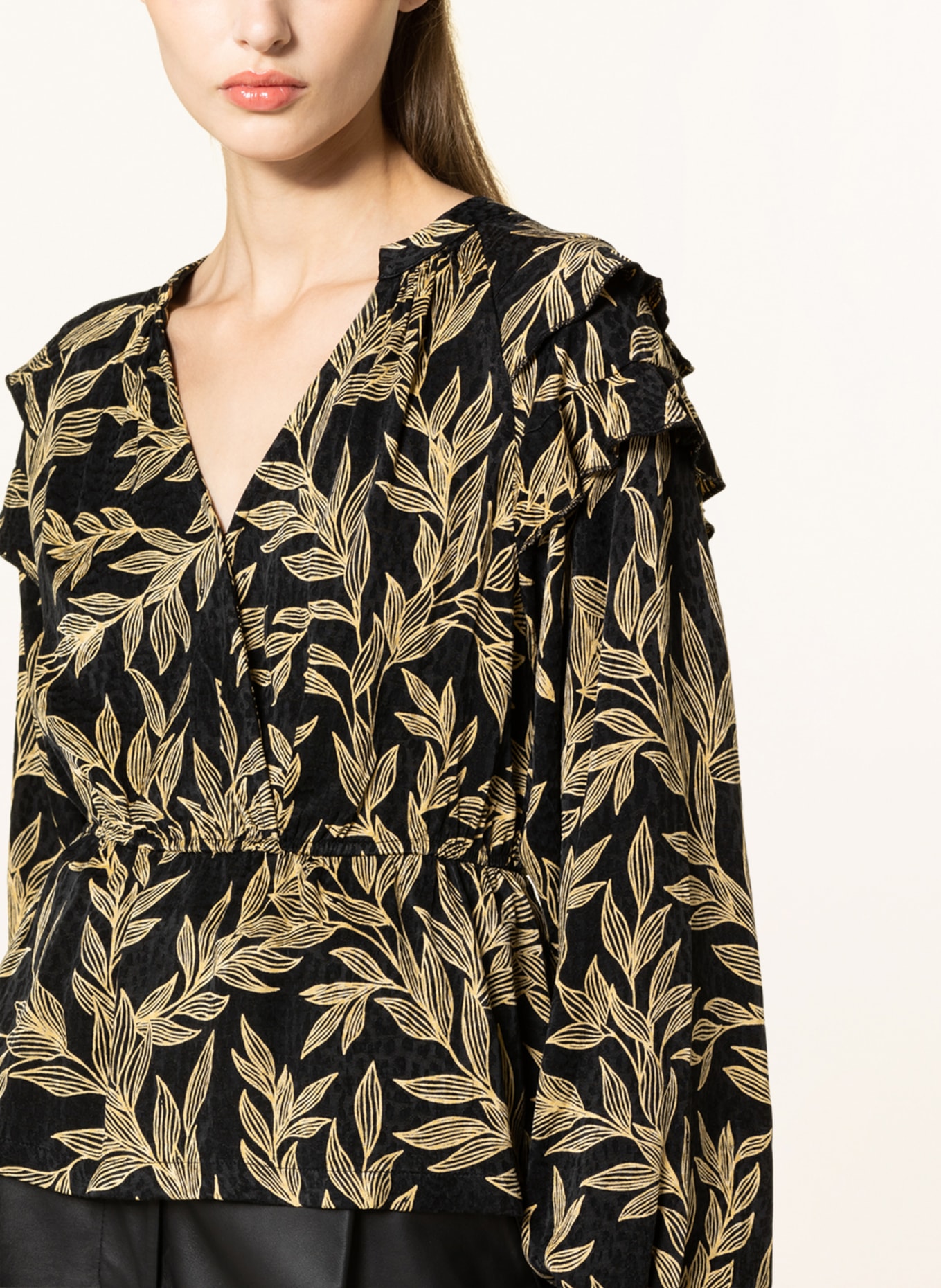 LOVJOI Bluzka MARILIN w stylu kopertowym z wolantami, Kolor: CZARNY/ CAMELOWY (Obrazek 4)