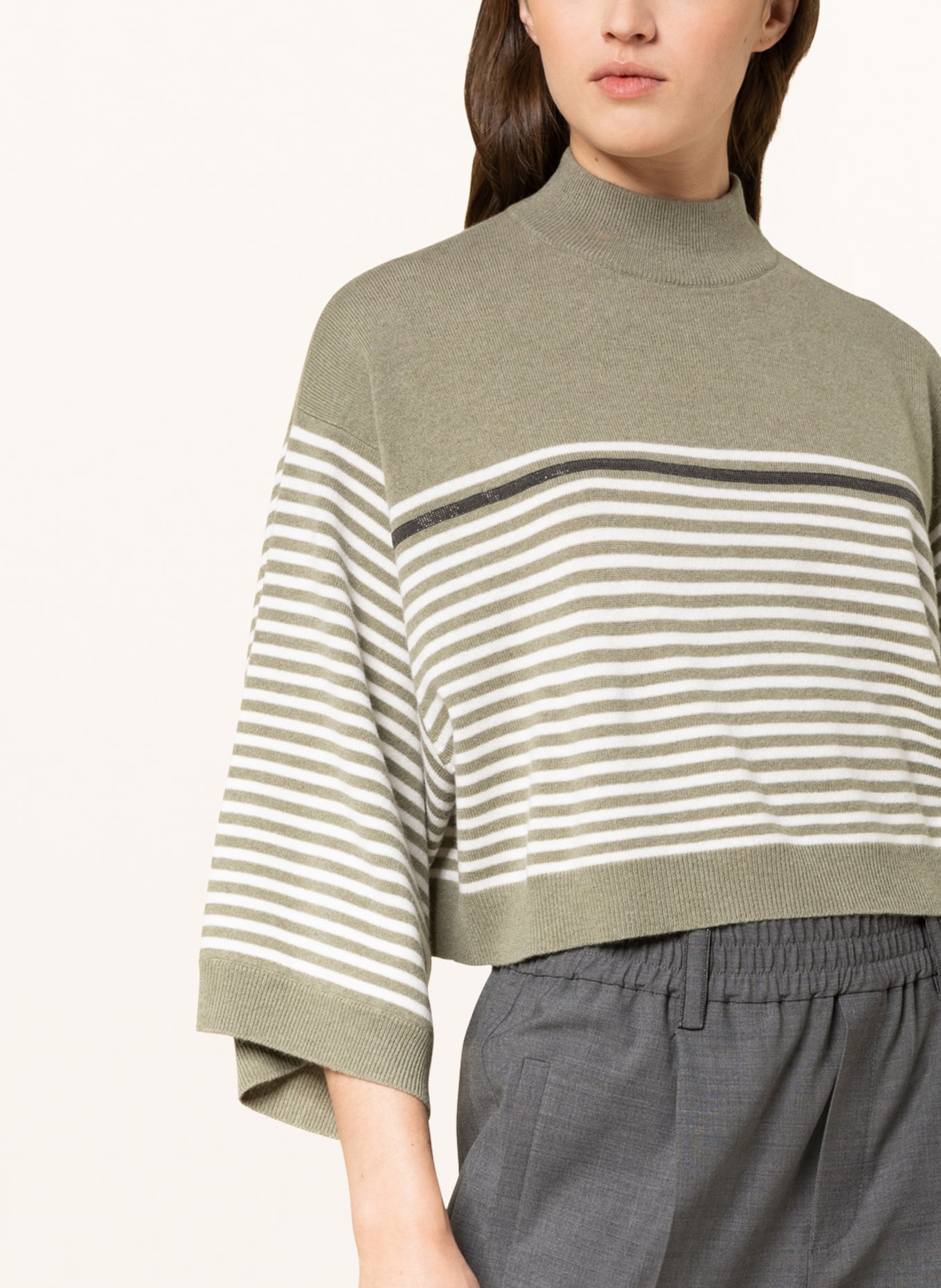 BRUNELLO CUCINELLI Cropped sweater with cashmere and decorative gems , Color: OLIVE/ ECRU (Image 4)