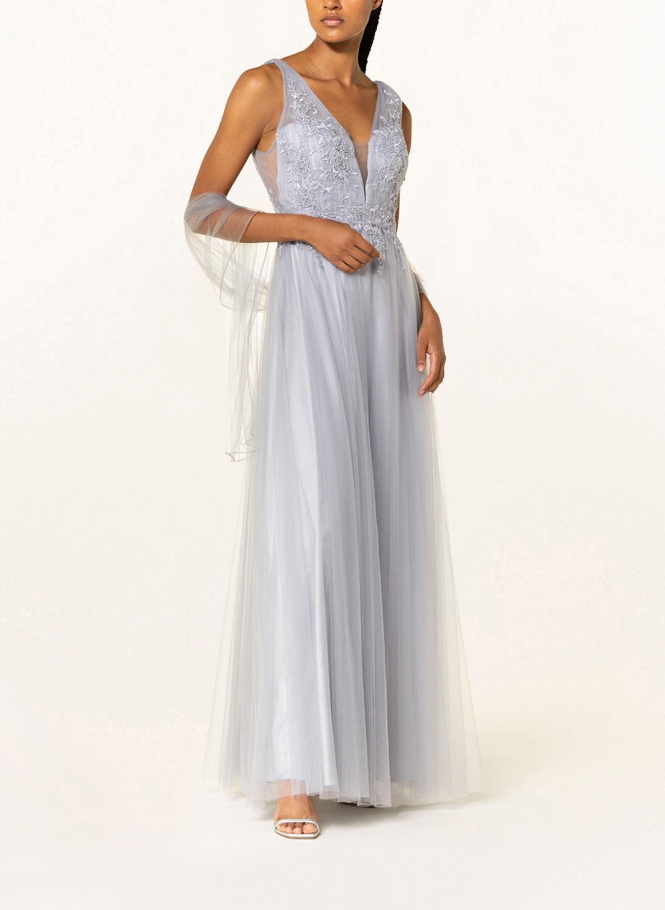 unique Evening dress with decorative gems and stole , Color: BLUE GRAY (Image 2)