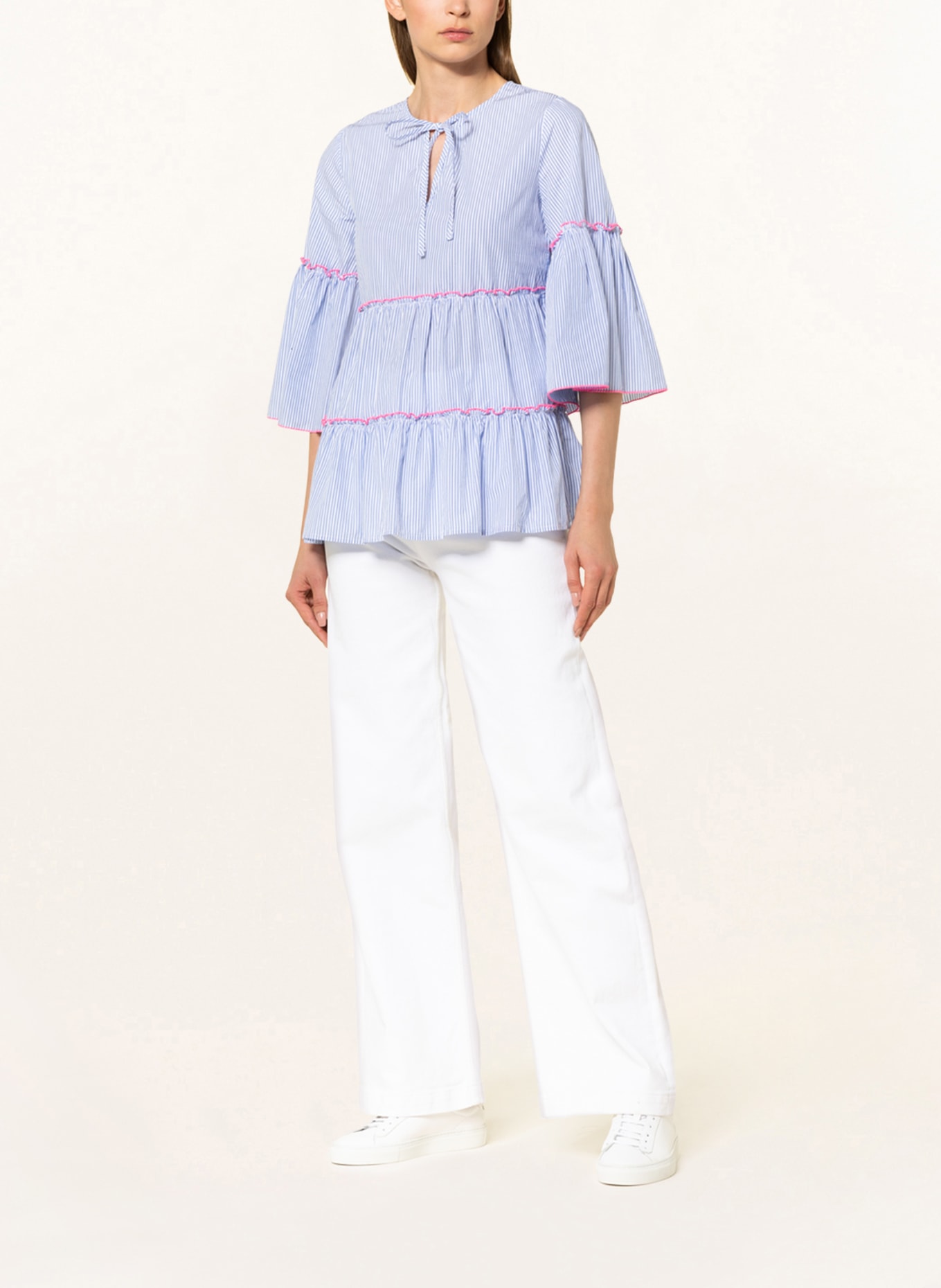 RISY & JERFS Shirt blouse MACAU With 3/4 sleeves , Color: WHITE/ LIGHT BLUE/ NEON PINK (Image 2)