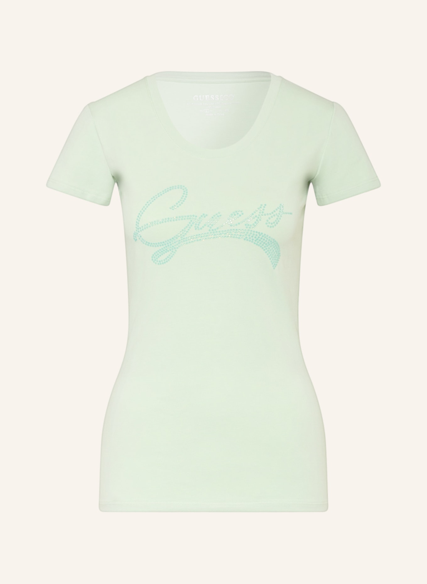 GUESS T-shirt ADELINA z ozdobnymi kamykami, Kolor: JASNOZIELONY (Obrazek 1)