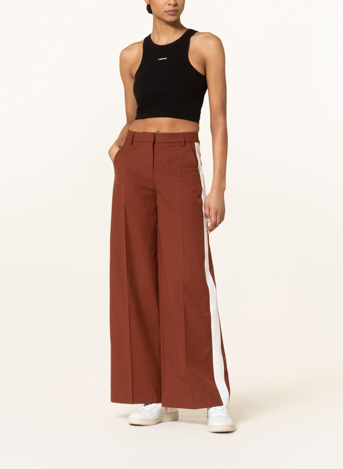 WEEKDAY Wide leg trousers CALLIE with tuxedo stripes, Color: BROWN/ ECRU (Image 2)