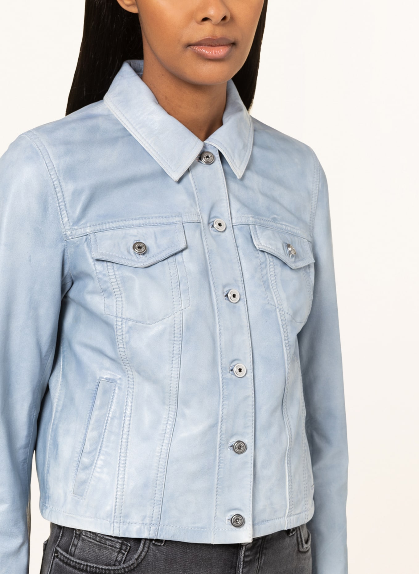 Leather jacket light blue on sale