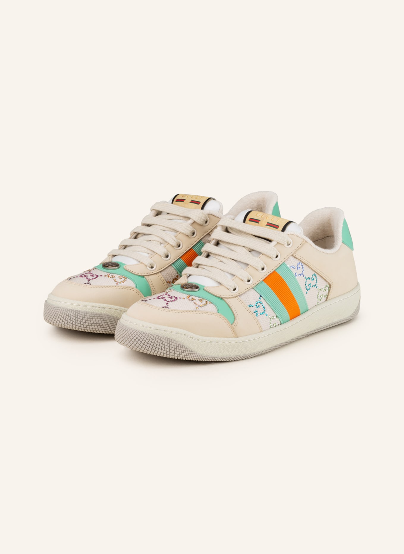 GUCCI Sneakers with decorative gems, Color: BEIGE/ ORANGE/ MINT (Image 1)