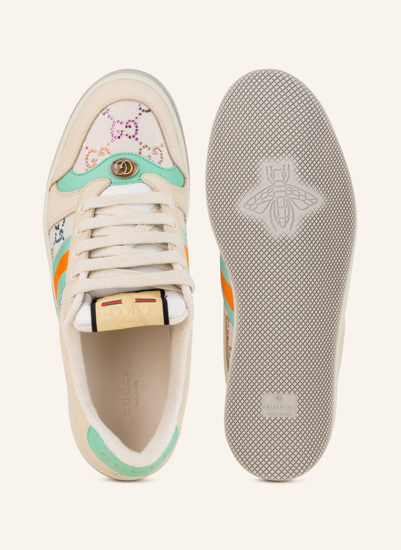 GUCCI Sneaker mit Schmucksteinen, Farbe: BEIGE/ ORANGE/ MINT (Bild 5)