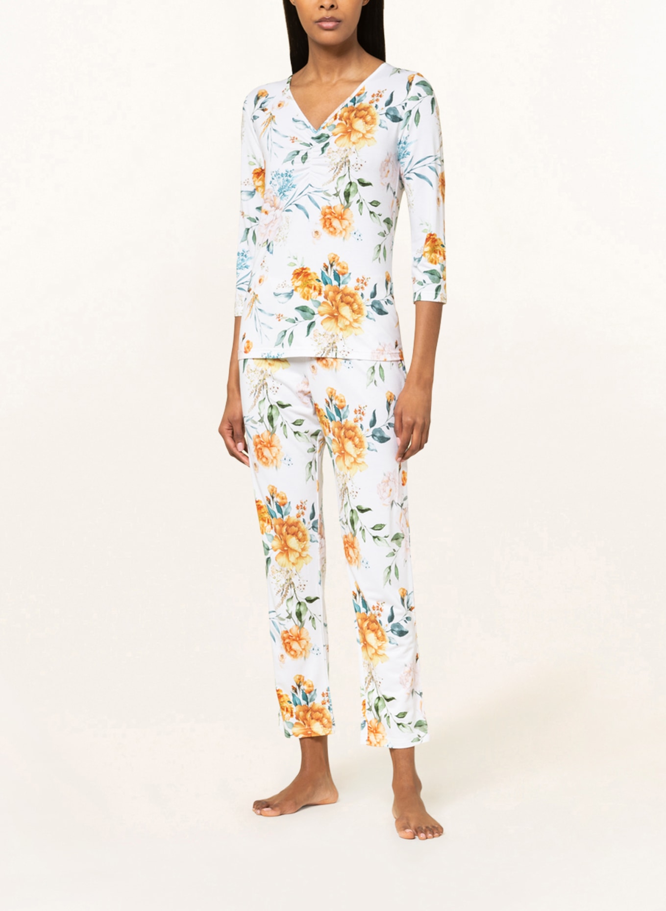 darling harbour Koszulka od piżamy z rękawem 3/4: ZIELONY/ CIEMNOPOMARAŃCZOWY/ ECRU