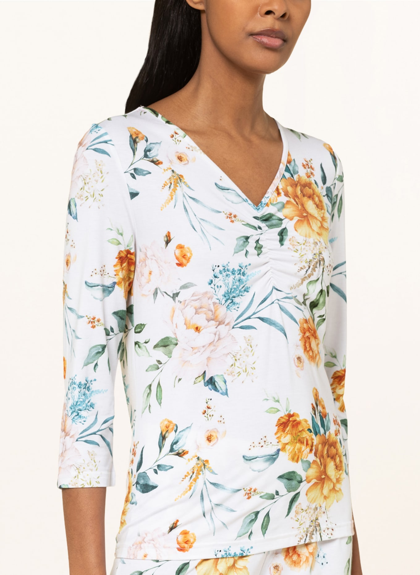 darling harbour Koszulka od piżamy z rękawem 3/4: ZIELONY/ CIEMNOPOMARAŃCZOWY/ ECRU