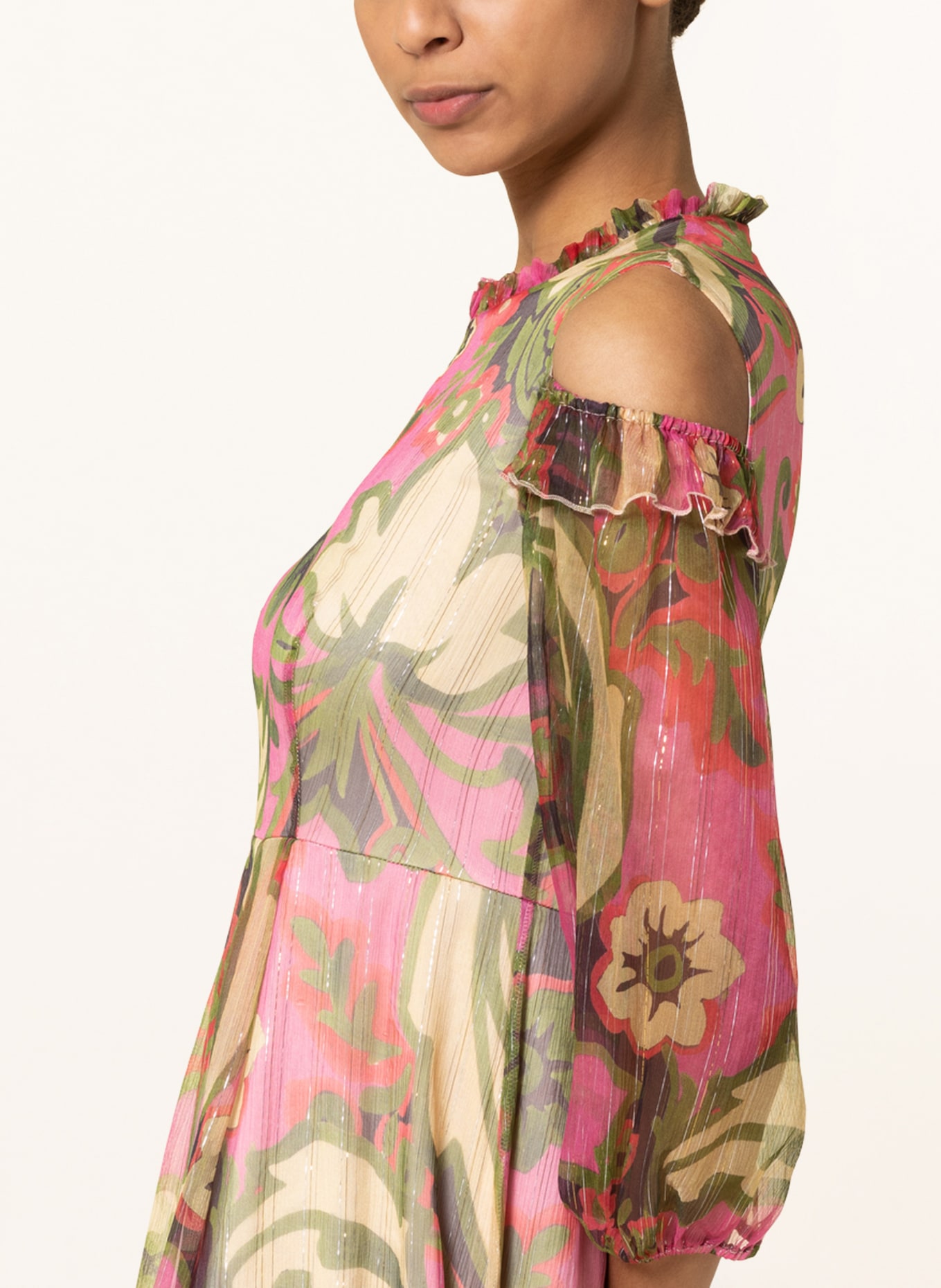 MAX & Co. Cold-Shoulder šaty LORELLA s třpytivou přízí a volánky, Barva: RŮŽOVÁ/ SVĚTLE ZELENÁ/ TMAVĚ ŽLUTÁ (Obrázek 4)
