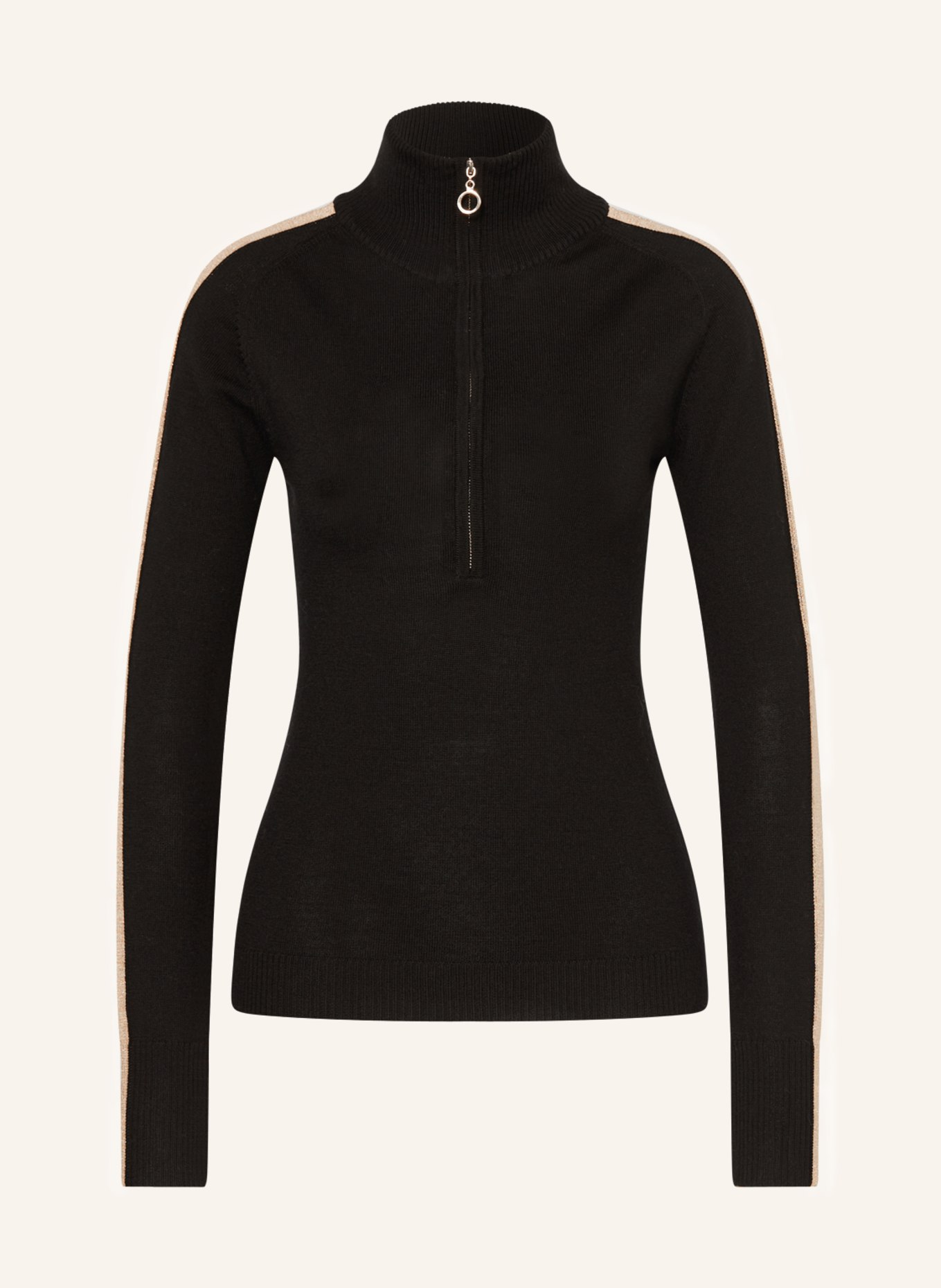 WE NORWEGIANS Half-zip sweater with glitter thread and tuxedo stripe, Color: BLACK/ LIGHT BROWN/ WHITE (Image 1)