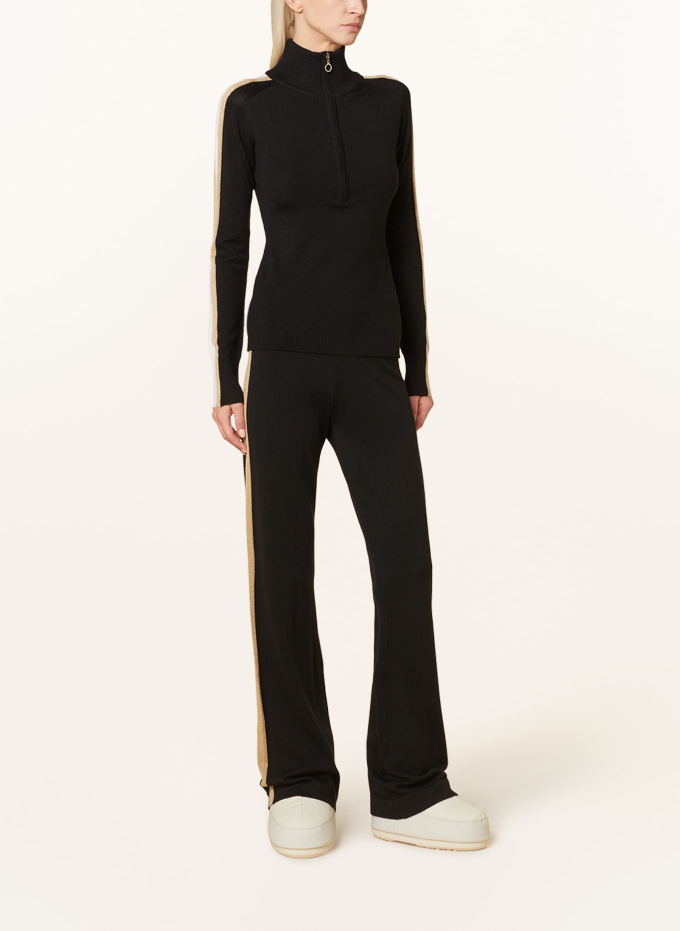 WE NORWEGIANS Half-zip sweater with glitter thread and tuxedo stripe, Color: BLACK/ LIGHT BROWN/ WHITE (Image 2)