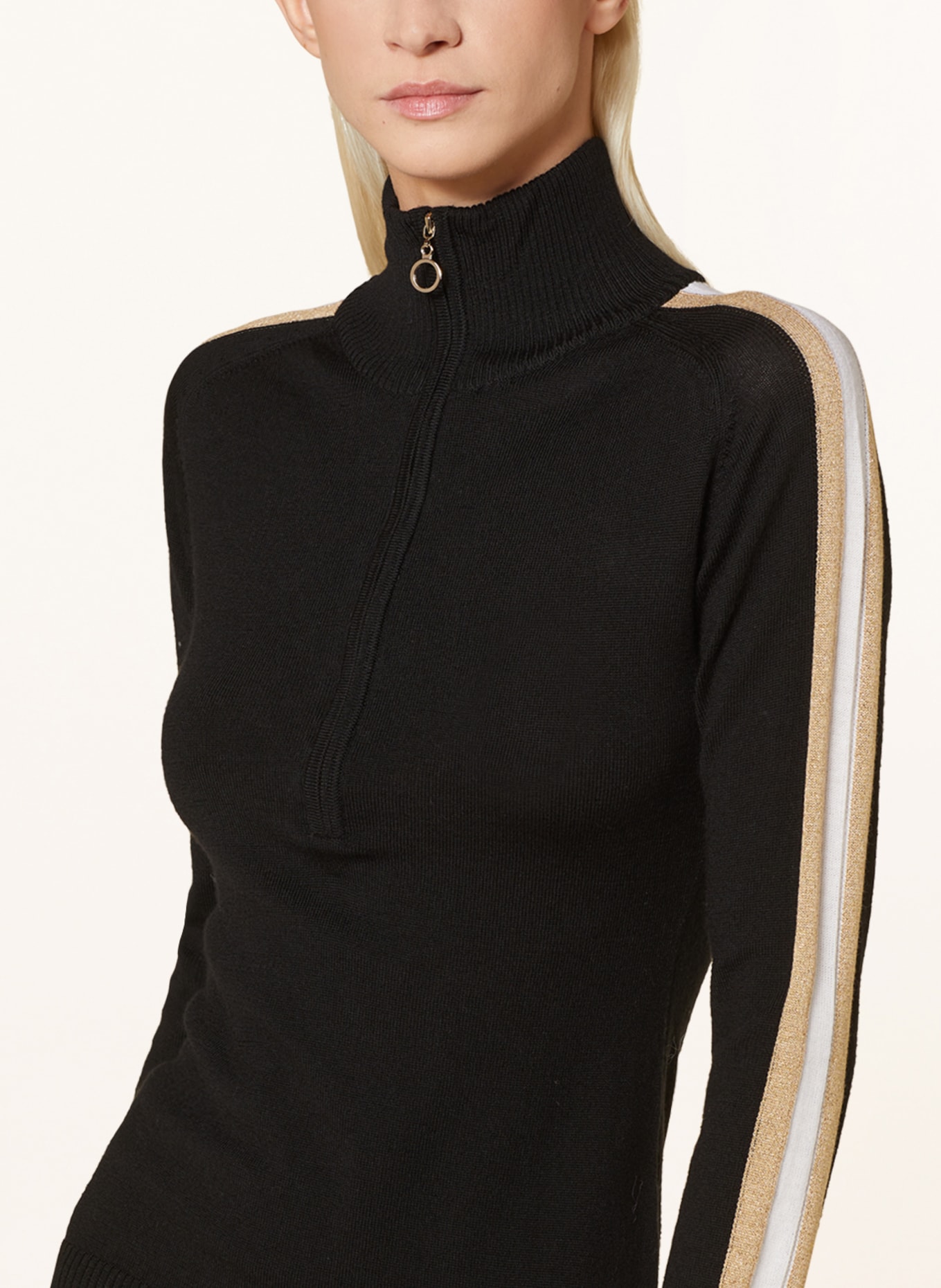 WE NORWEGIANS Half-zip sweater with glitter thread and tuxedo stripe, Color: BLACK/ LIGHT BROWN/ WHITE (Image 4)