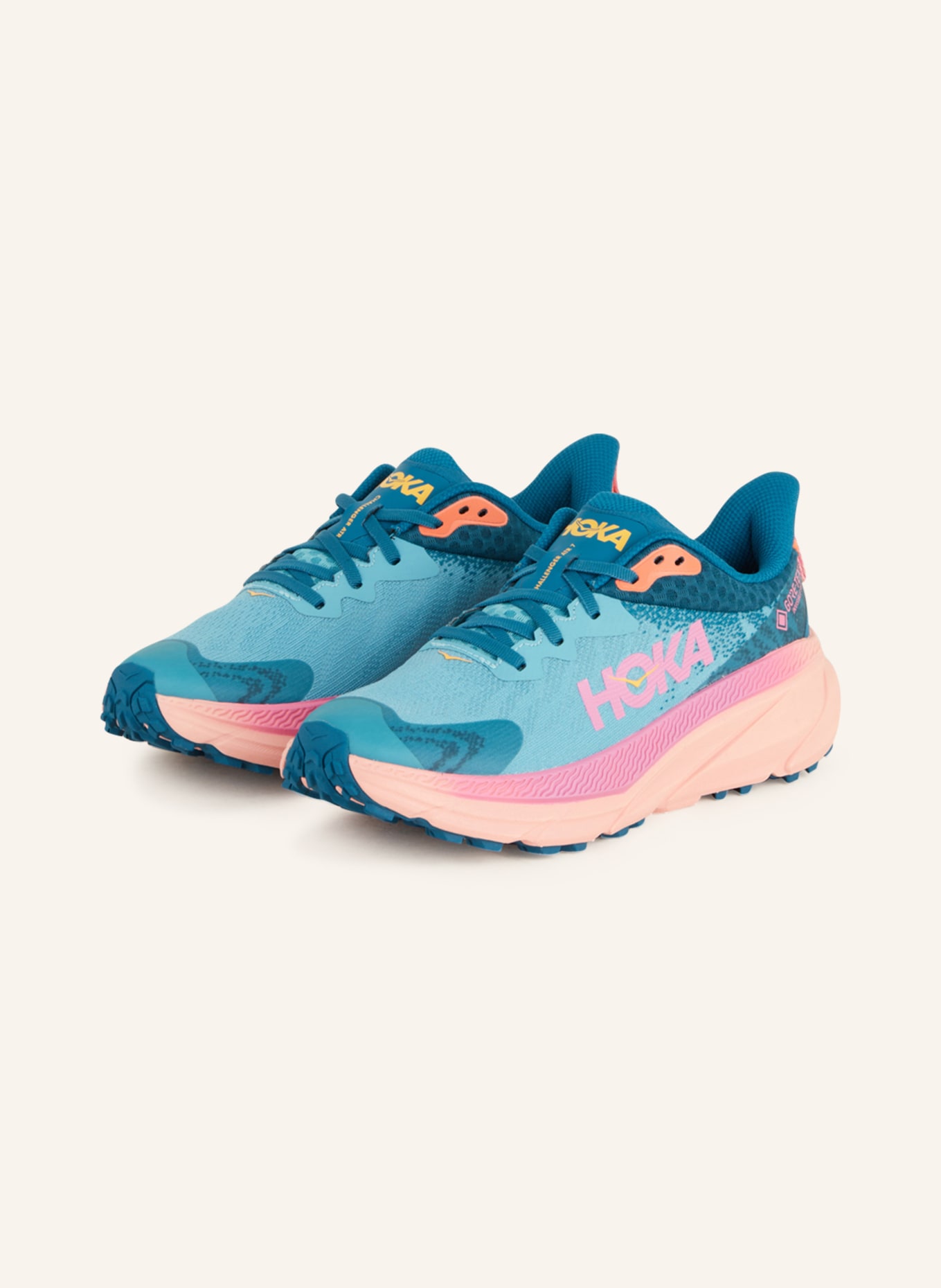 HOKA Trailrunning-Schuhe CHALLENGER 7 GTX, Farbe: PETROL/ PINK/ HELLORANGE (Bild 1)