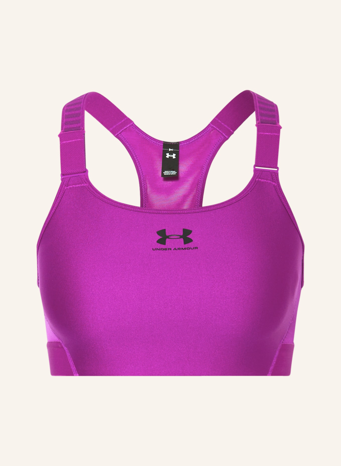 Under Armour Training Heatgear Crossback graphic sports bra in black and  pink