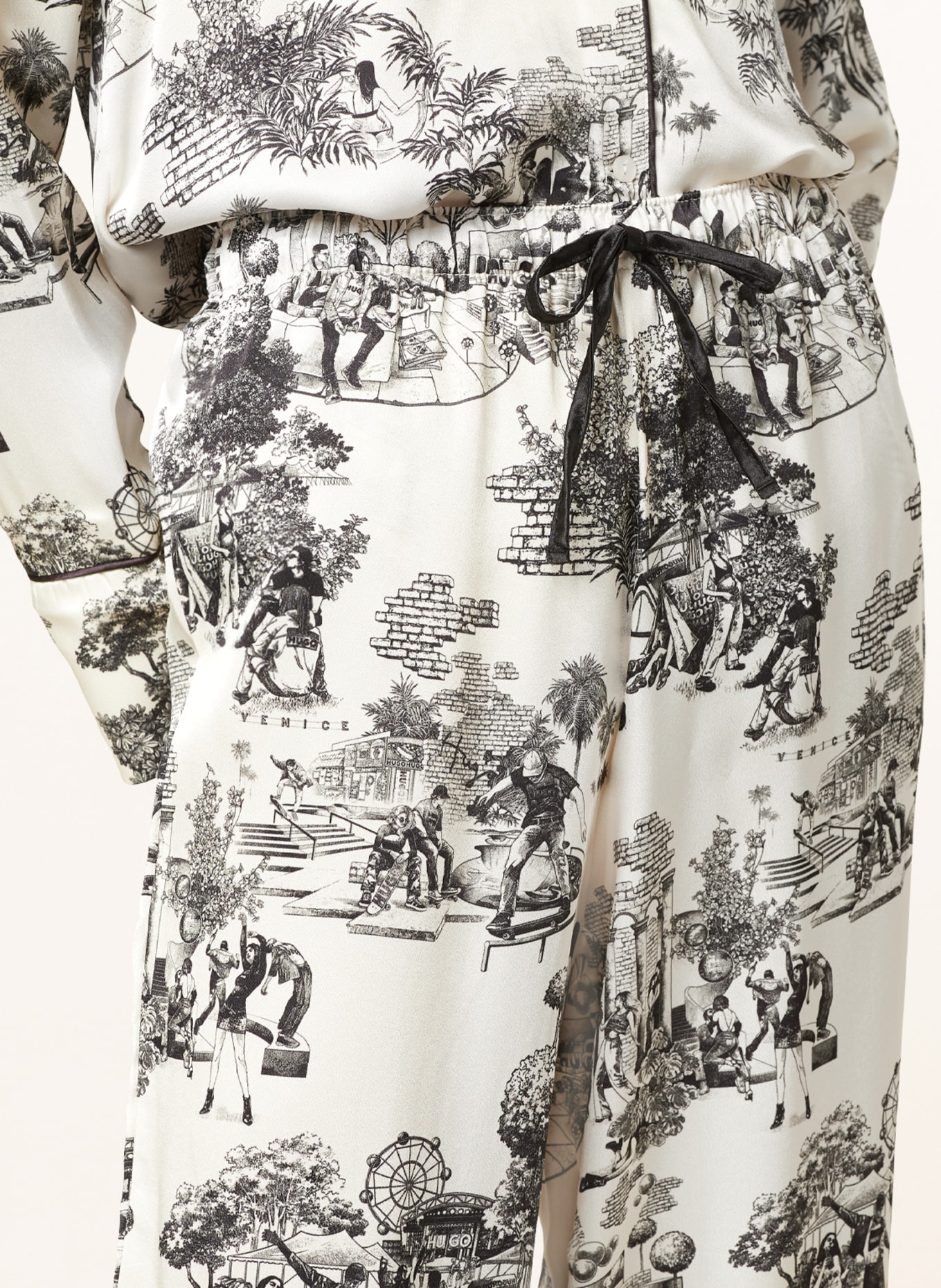 HUGO Spodnie od piżamy JOUJOU z satyny, Kolor: ECRU/ CZARNY (Obrazek 5)