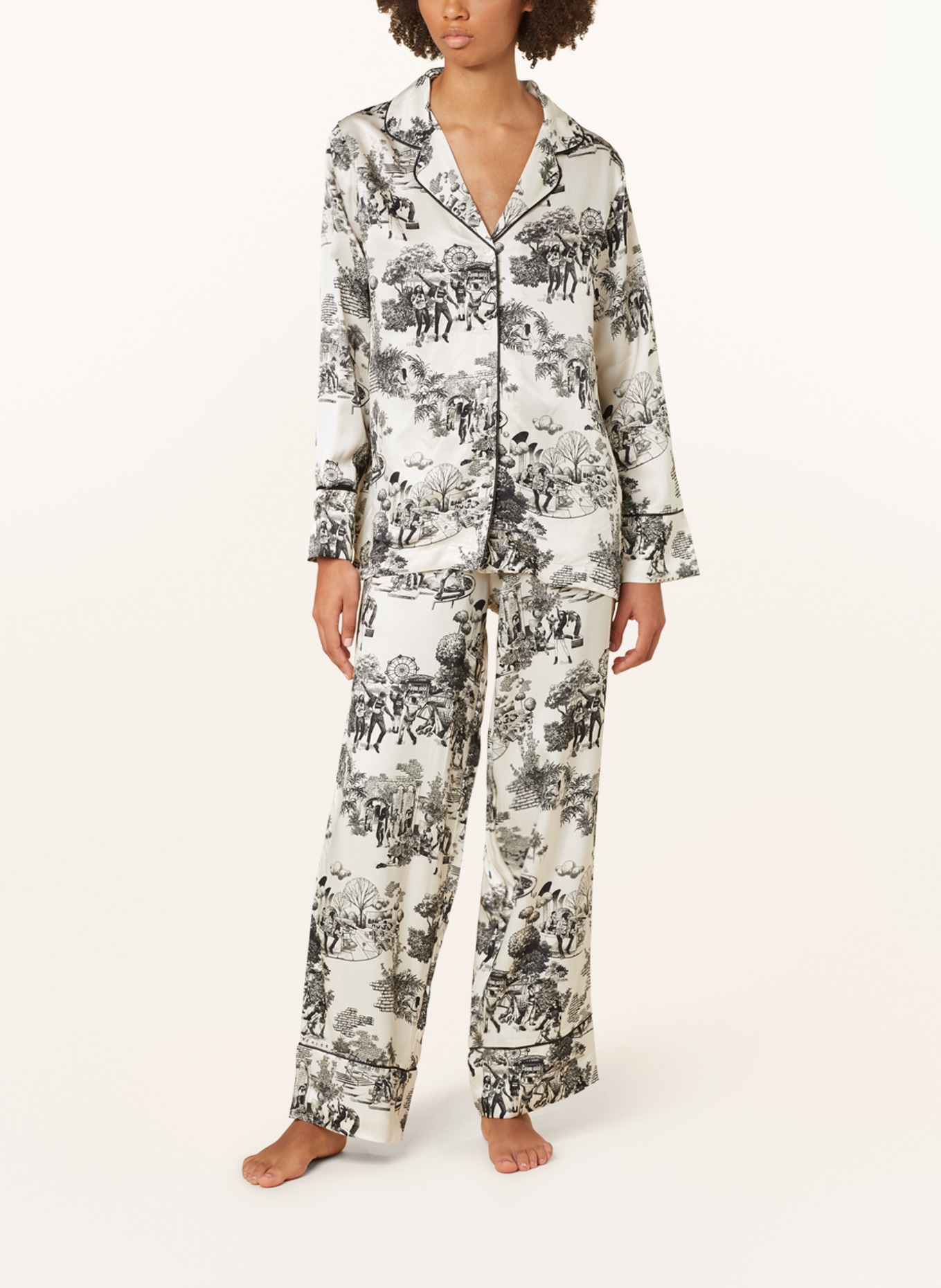 HUGO Pajama shirt JOUJOU in satin, Color: ECRU/ BLACK (Image 2)