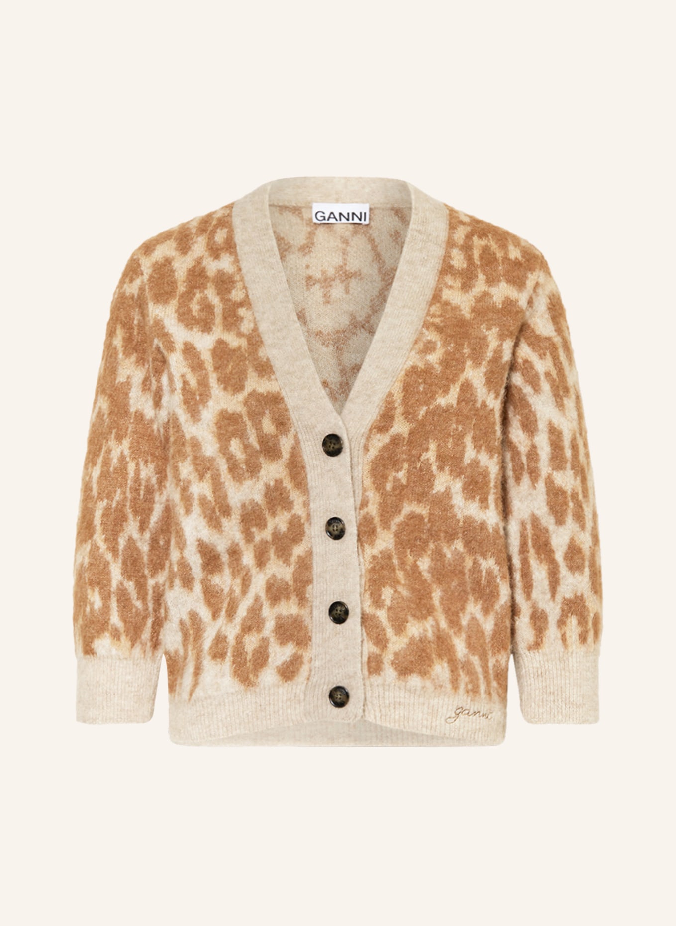 GANNI Cardigan with alpaca and 3/4 sleeves, Color: CREAM/ CAMEL (Image 1)