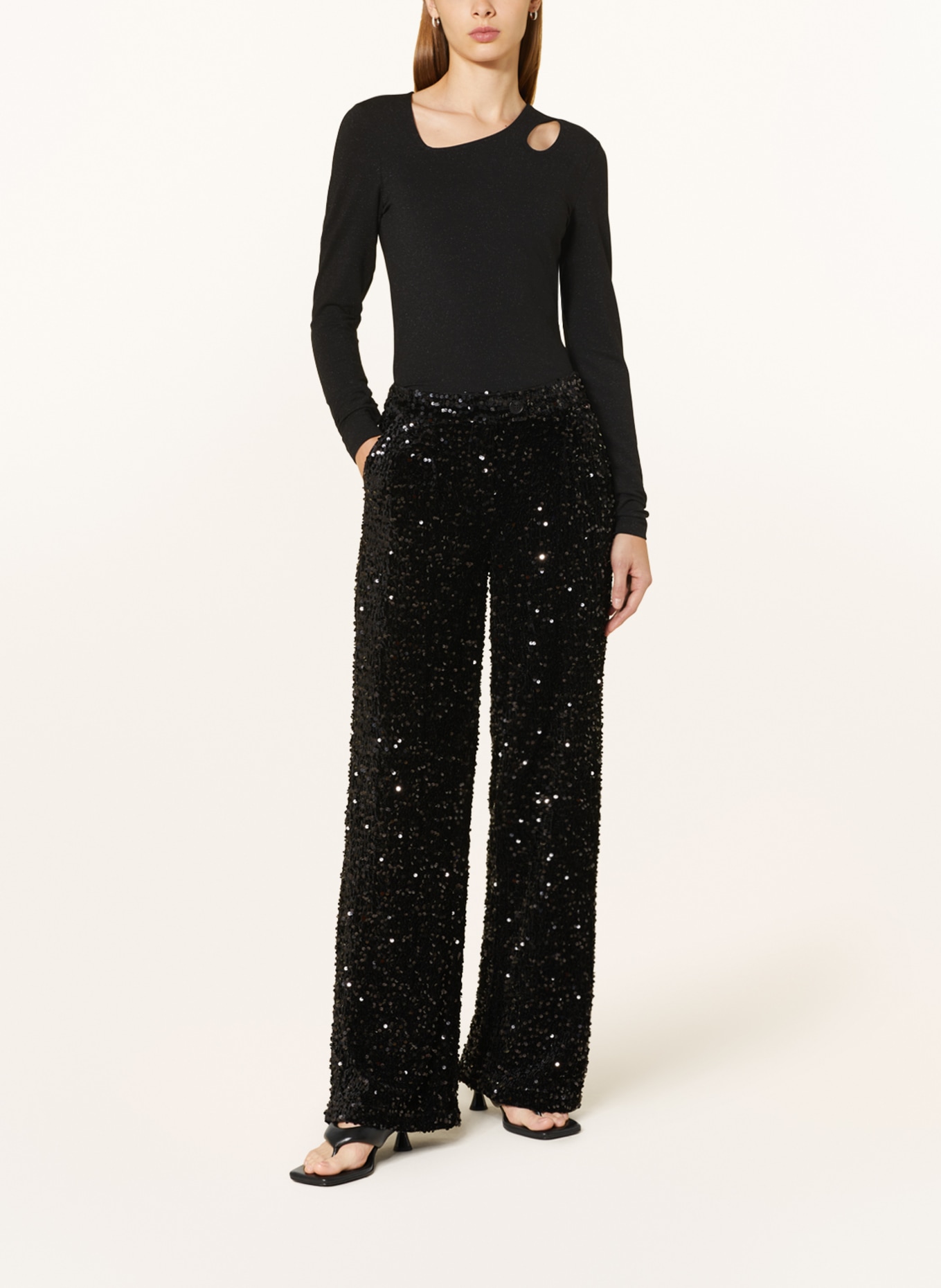 ONLY Long sleeve shirt with cut-out and glitter thread, Color: BLACK (Image 2)