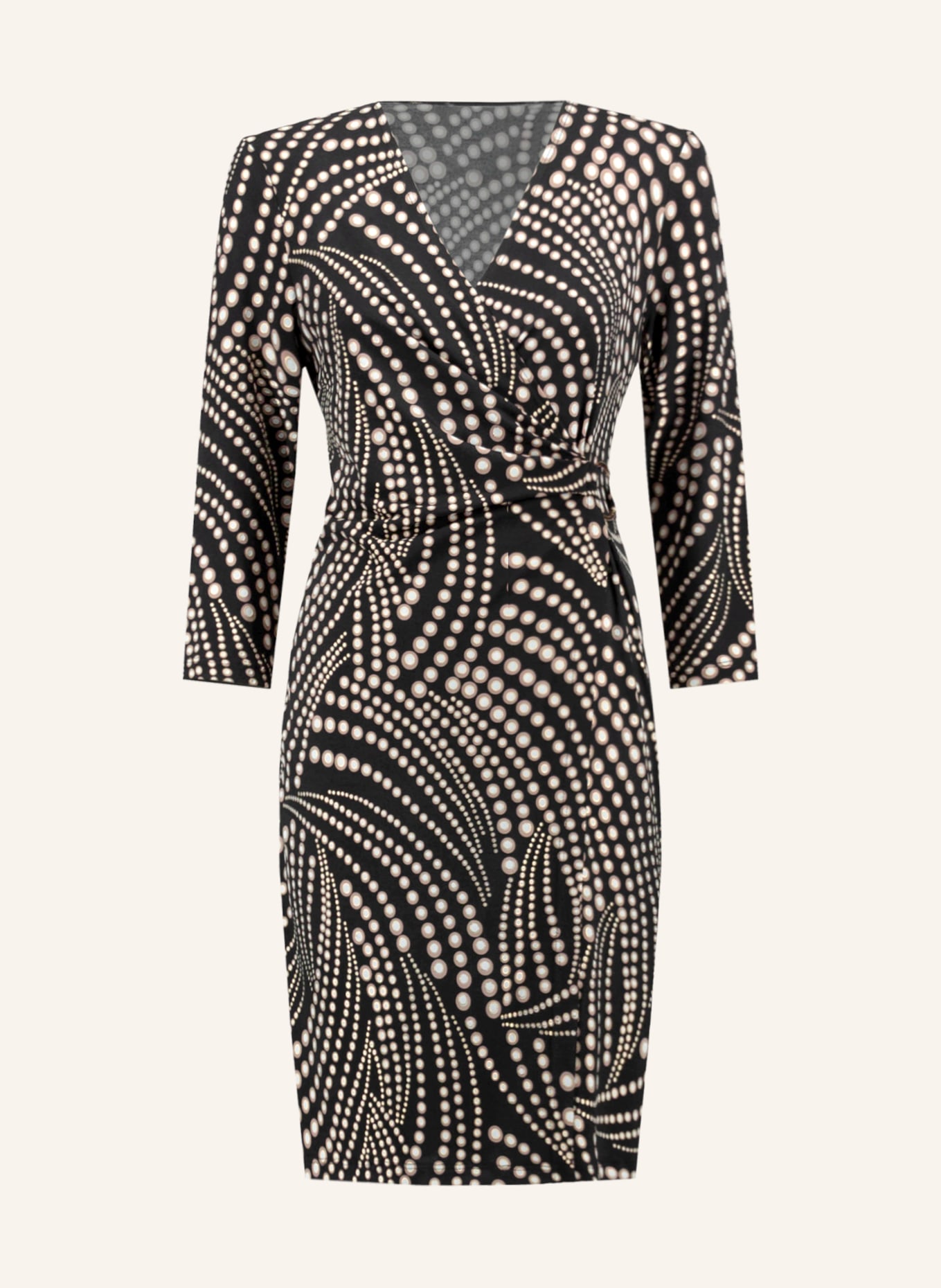 Joseph Ribkoff Wrap look dress with 3/4 sleeves, Color: BLACK/ BEIGE/ GOLD (Image 1)