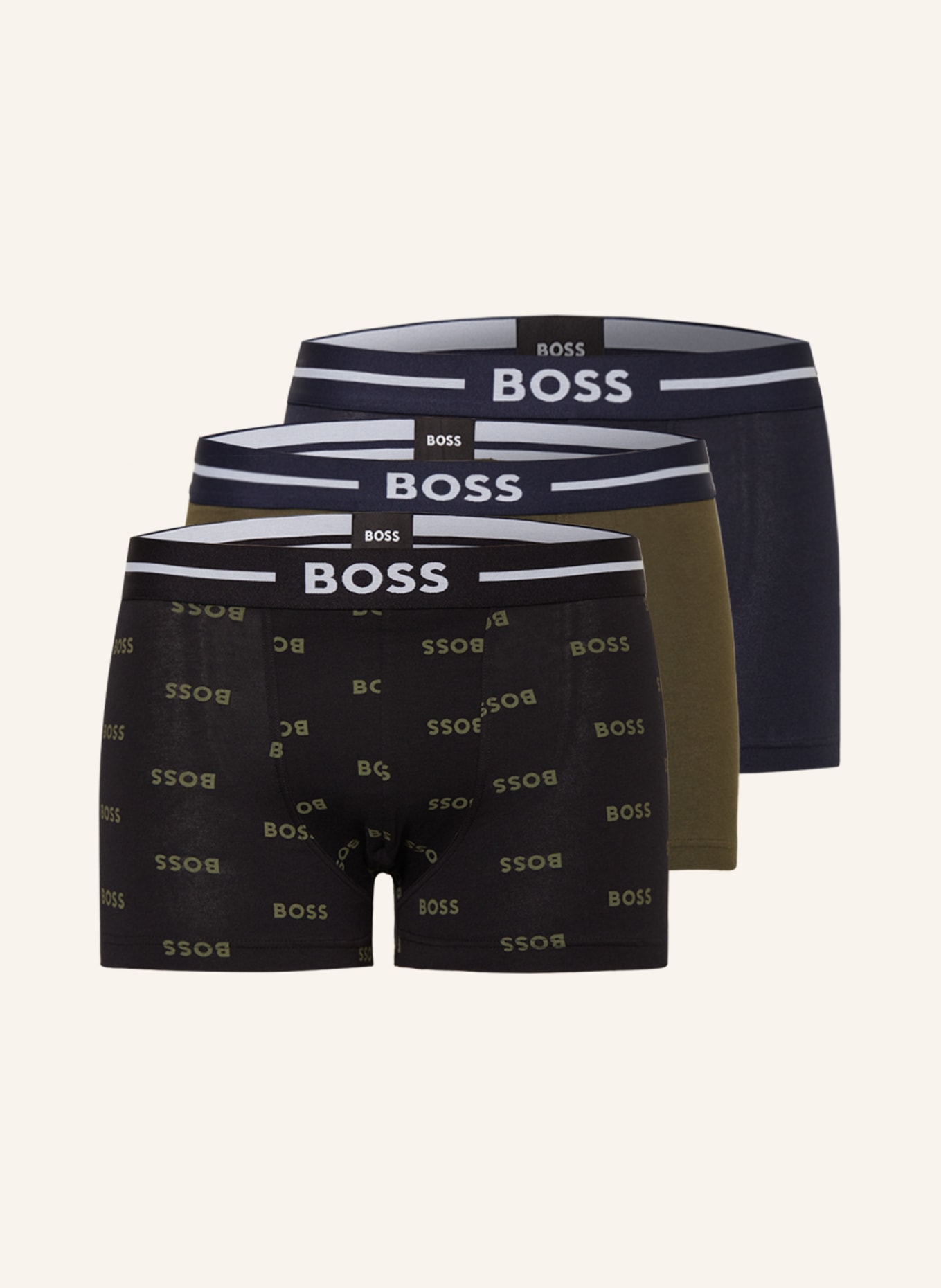 BOSS 3er-Pack Boxershorts, Farbe: SCHWARZ/ DUNKELBLAU/ OLIV (Bild 1)