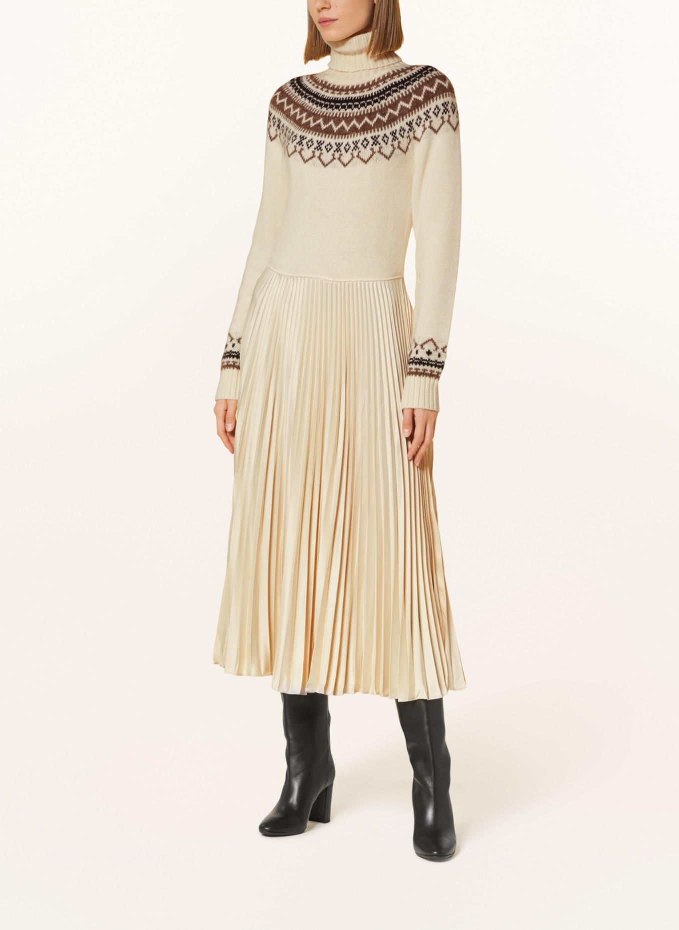 POLO RALPH LAUREN Dress in mixed materials with pleats, Color: ECRU/ BEIGE/ DARK BROWN (Image 2)