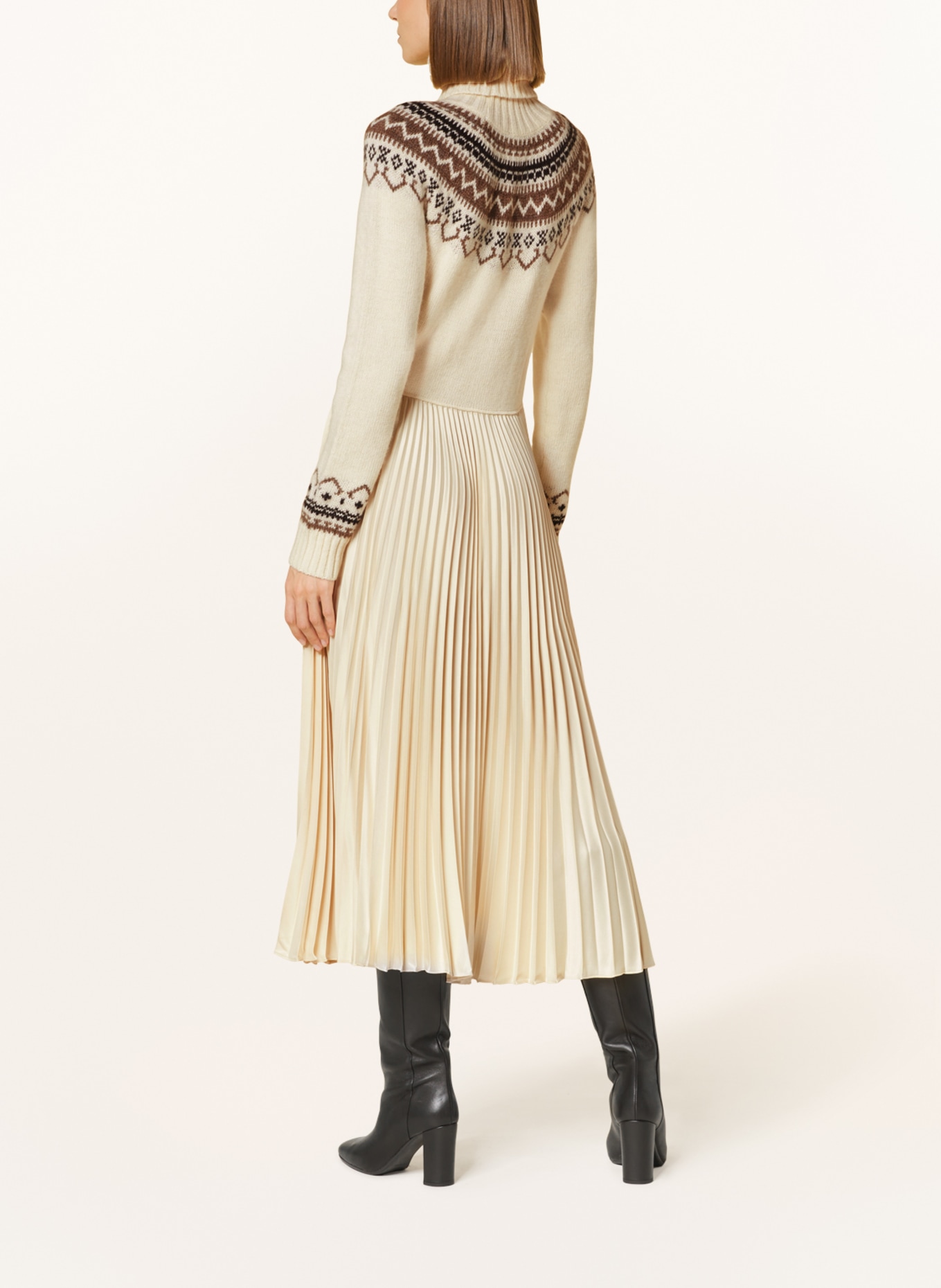 POLO RALPH LAUREN Sukienka z mieszanki materiałów z plisami, Kolor: ECRU/ BEŻOWY/ CIEMNOBRĄZOWY (Obrazek 3)