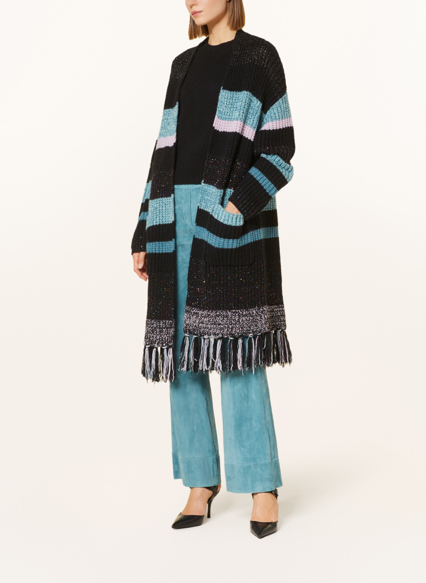 LUISA CERANO Knit cardigan with alpaca and sequins, Color: BLACK/ LIGHT BLUE/ LIGHT PURPLE (Image 2)