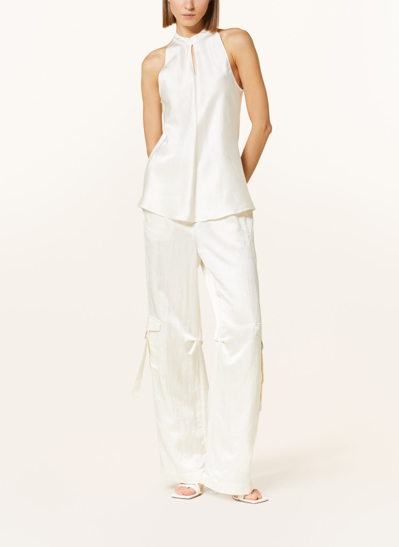 LUISA CERANO Blouse top in satin with linen, Color: CREAM (Image 2)