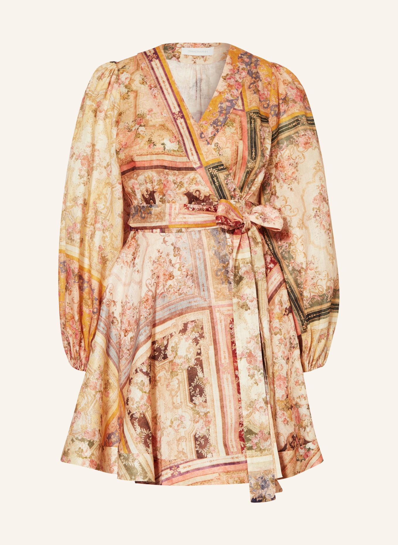 ZIMMERMANN Wrap dress AUGUST made of linen, Color: DARK YELLOW/ LIGHT RED/ DARK GREEN (Image 1)