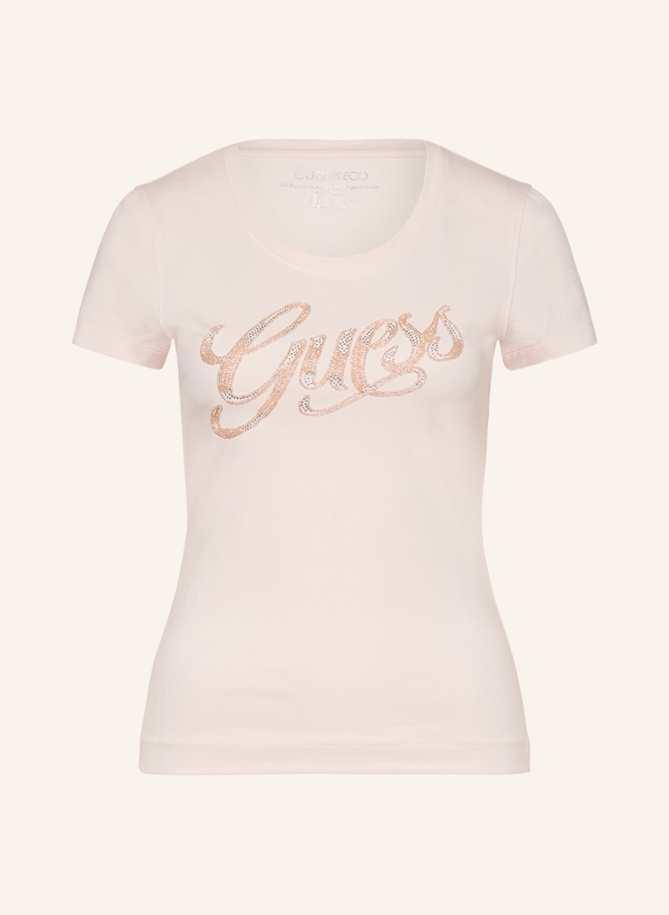 GUESS T-shirt SCRIPT z ozdobnymi perełkami, Kolor: RÓŻOWY (Obrazek 1)