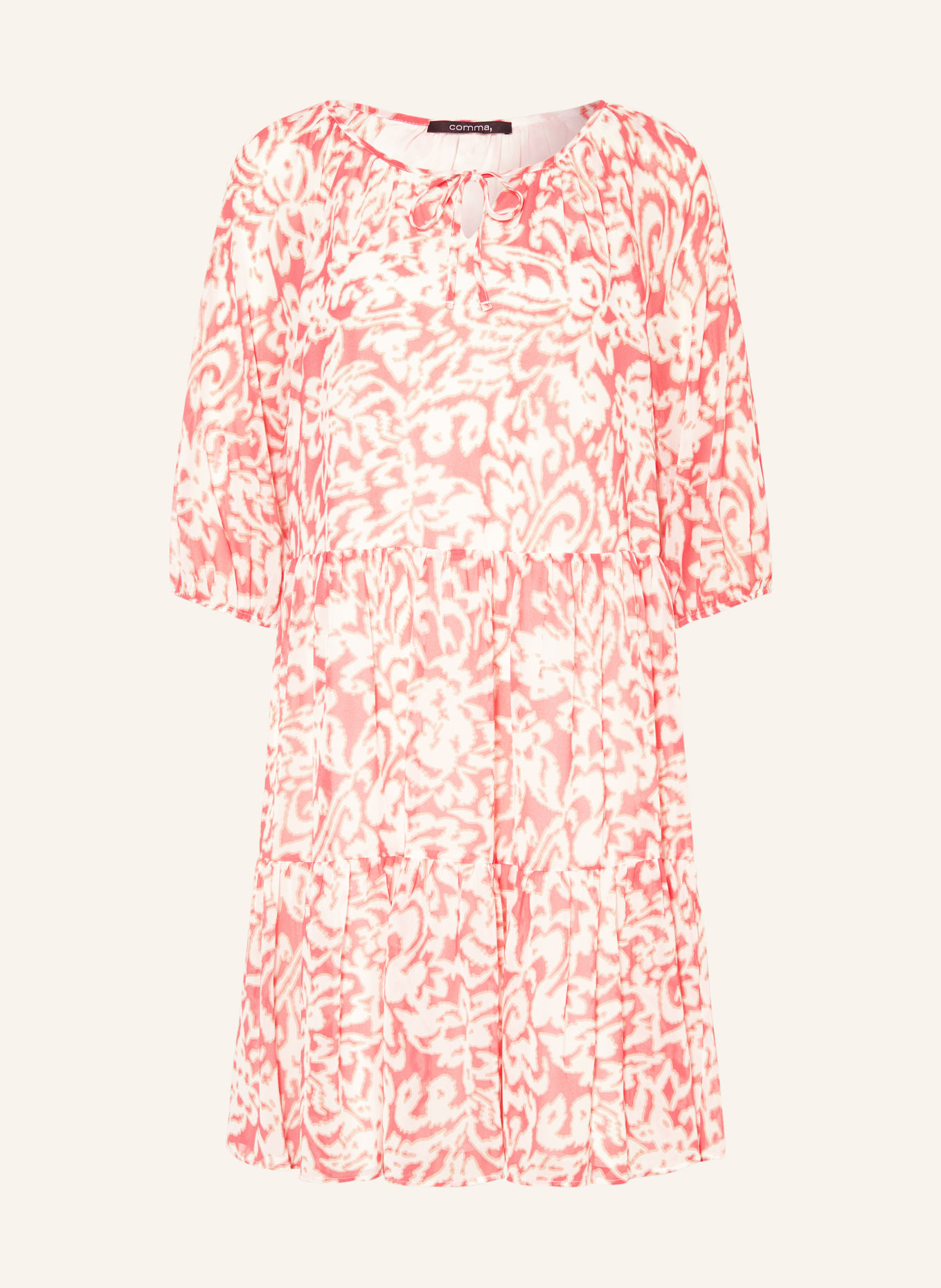 comma Dress with 3/4 sleeves, Color: SALMON/ WHITE/ BEIGE (Image 1)