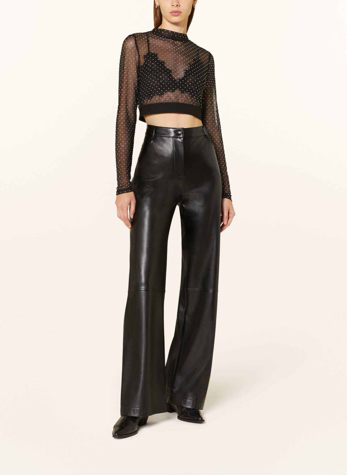 KARO KAUER Cropped shirt made of mesh with decorative gems, Color: BLACK (Image 2)