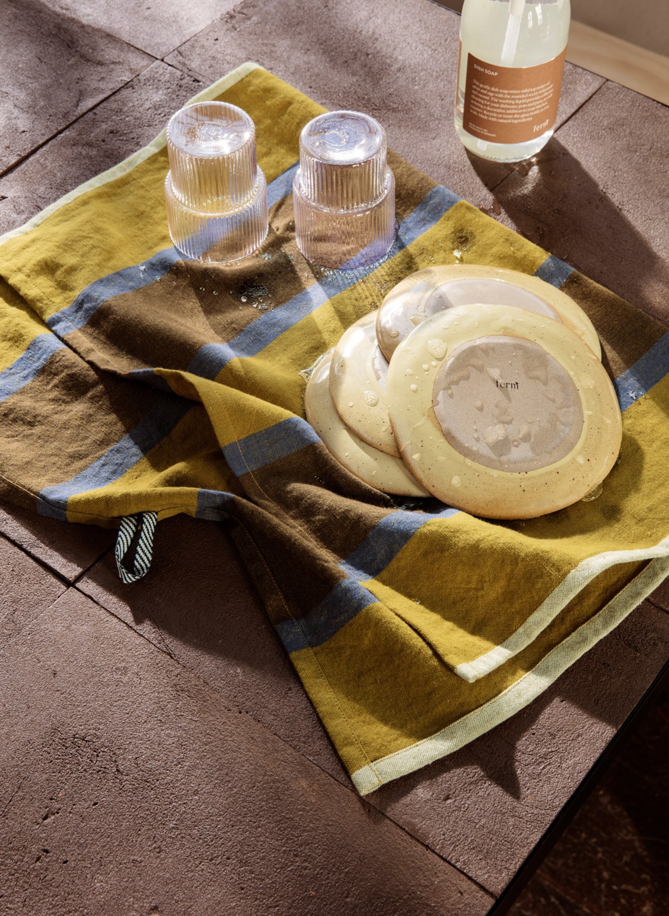 Ferm LIVING Dish towel HALE with linen, Color: DARK YELLOW/ PURPLE/ BROWN (Image 2)