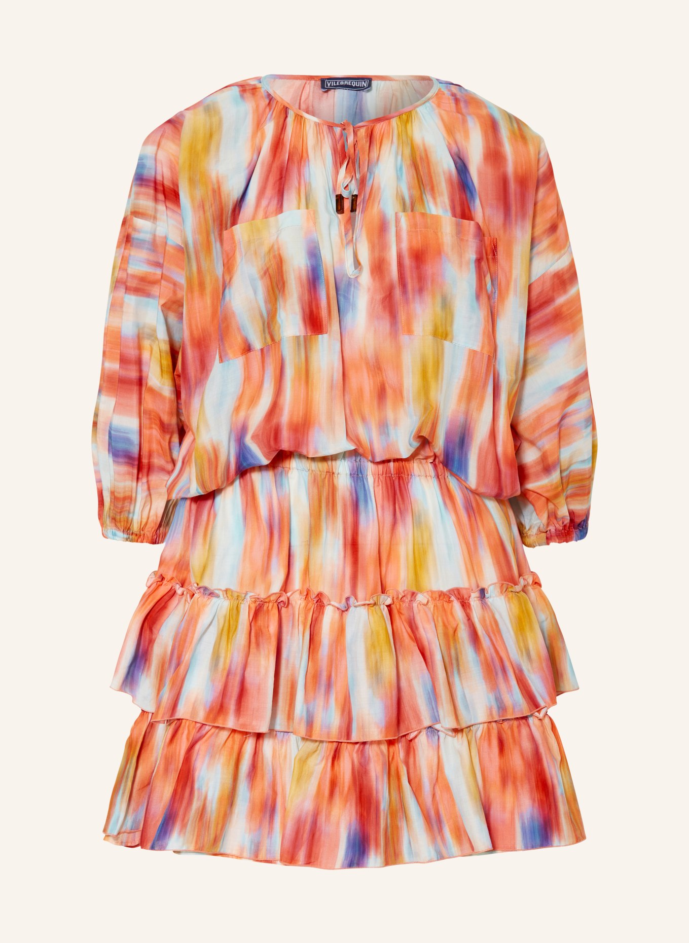 VILEBREQUIN Beach dress IKAT FLOWERS LAURIANE with silk and 3/4 sleeves, Color: ORANGE/ TURQUOISE/ PURPLE (Image 1)