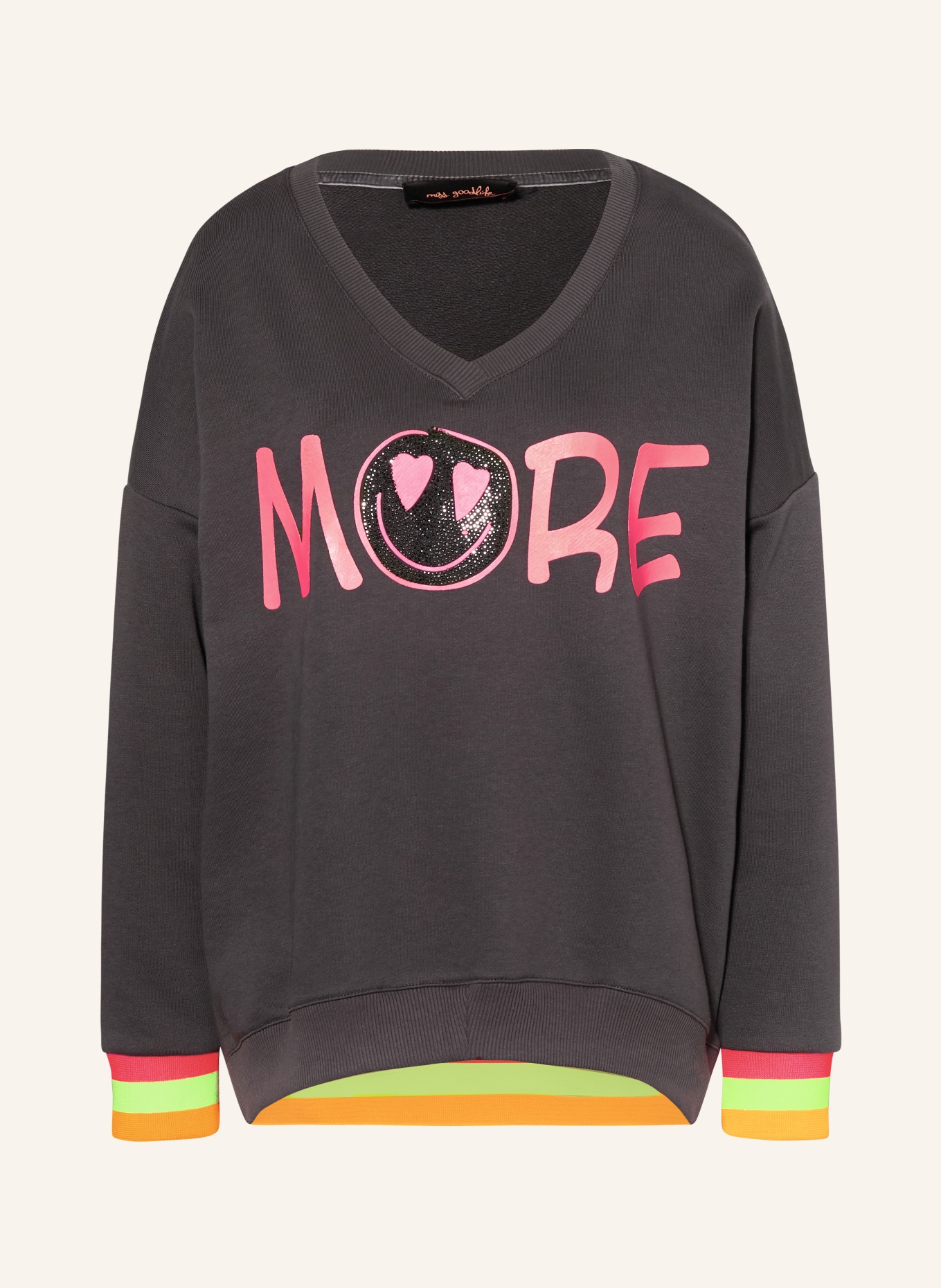 miss goodlife Sweatshirt MORE with decorative gems, Color: DARK GRAY/ NEON PINK (Image 1)