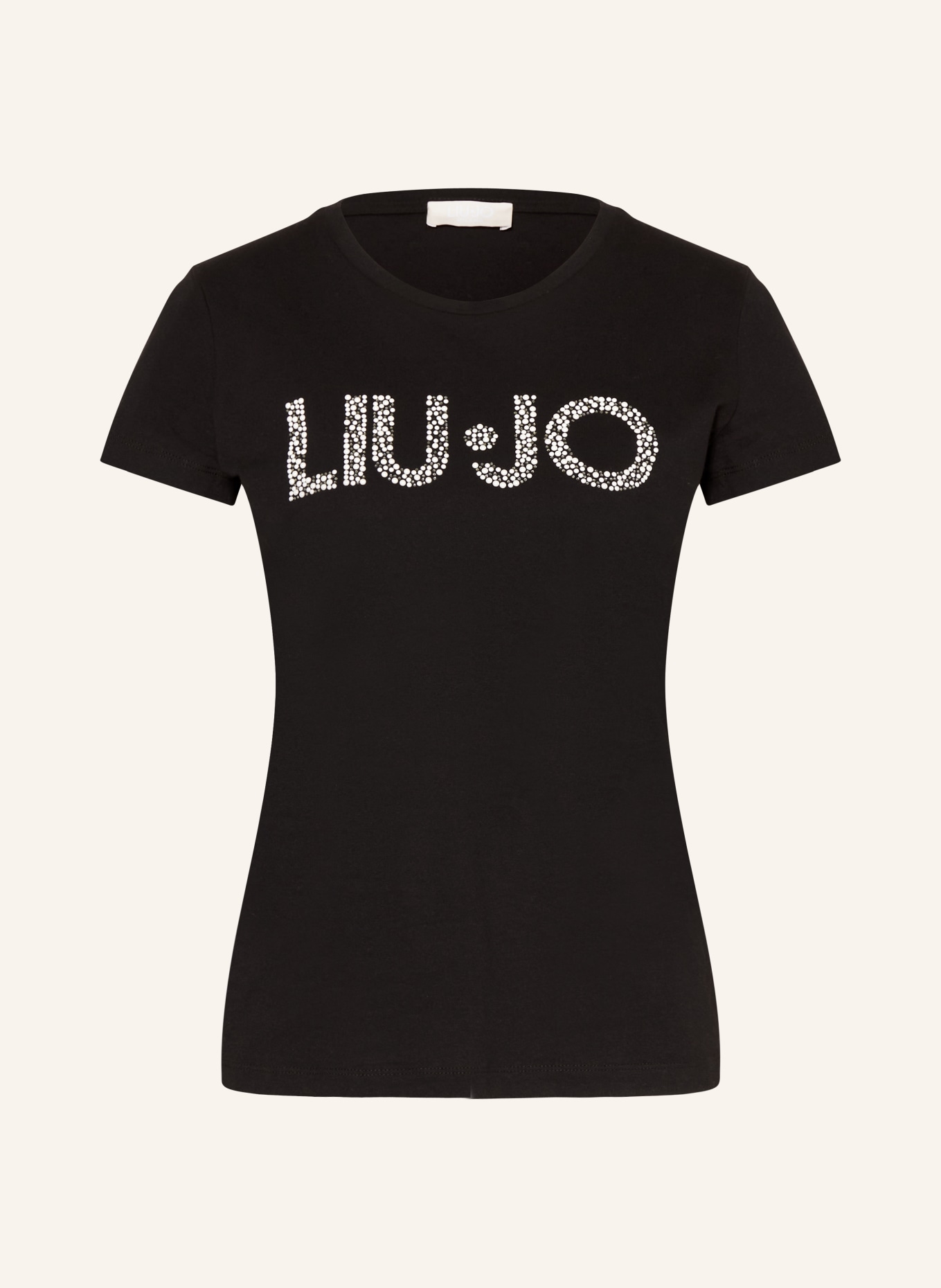 LIU JO T-shirt z ozdobnymi kamykami i ozdobnymi perełkami, Kolor: CZARNY (Obrazek 1)