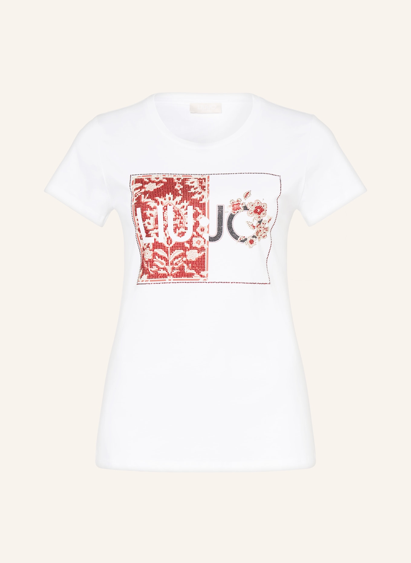 LIU JO T-shirt z obszyciem ozdobnymi kamykami, Kolor: BIAŁY/ CZERWONY/ GRANATOWY (Obrazek 1)