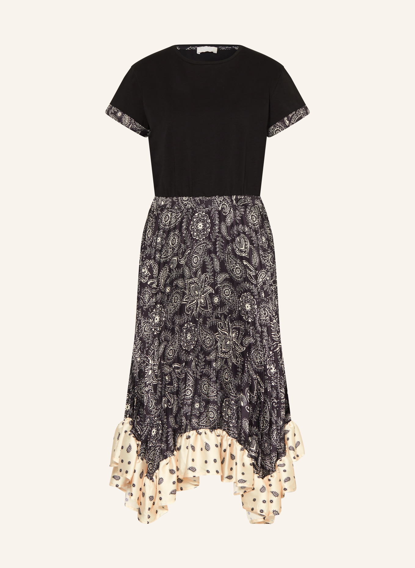 LIU JO Dress in mixed materials with pleats and frills, Color: BLACK/ ECRU (Image 1)