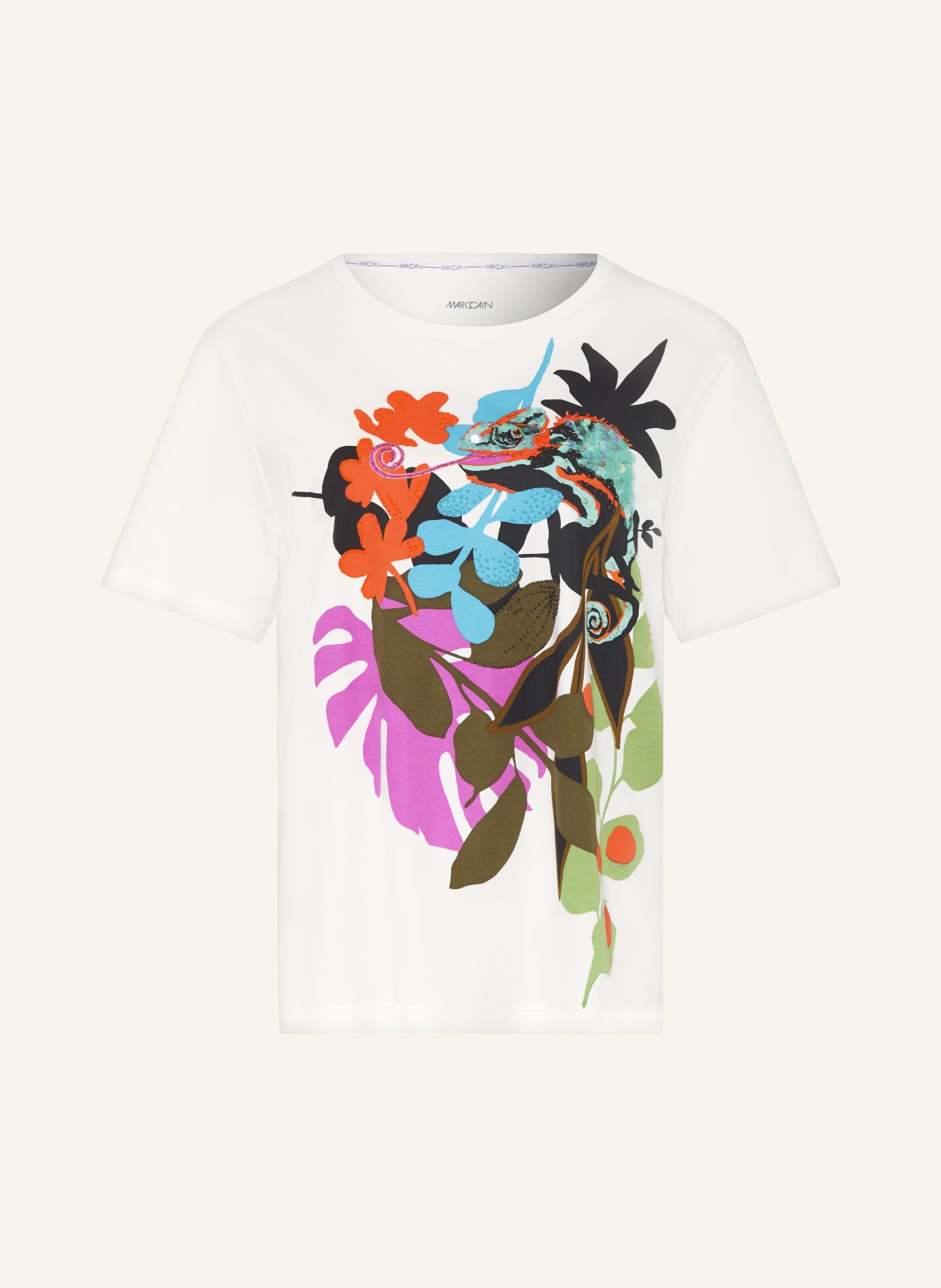 MARC CAIN T-shirt z cekinami i ozdobnymi perełkami, Kolor: 110 off (Obrazek 1)