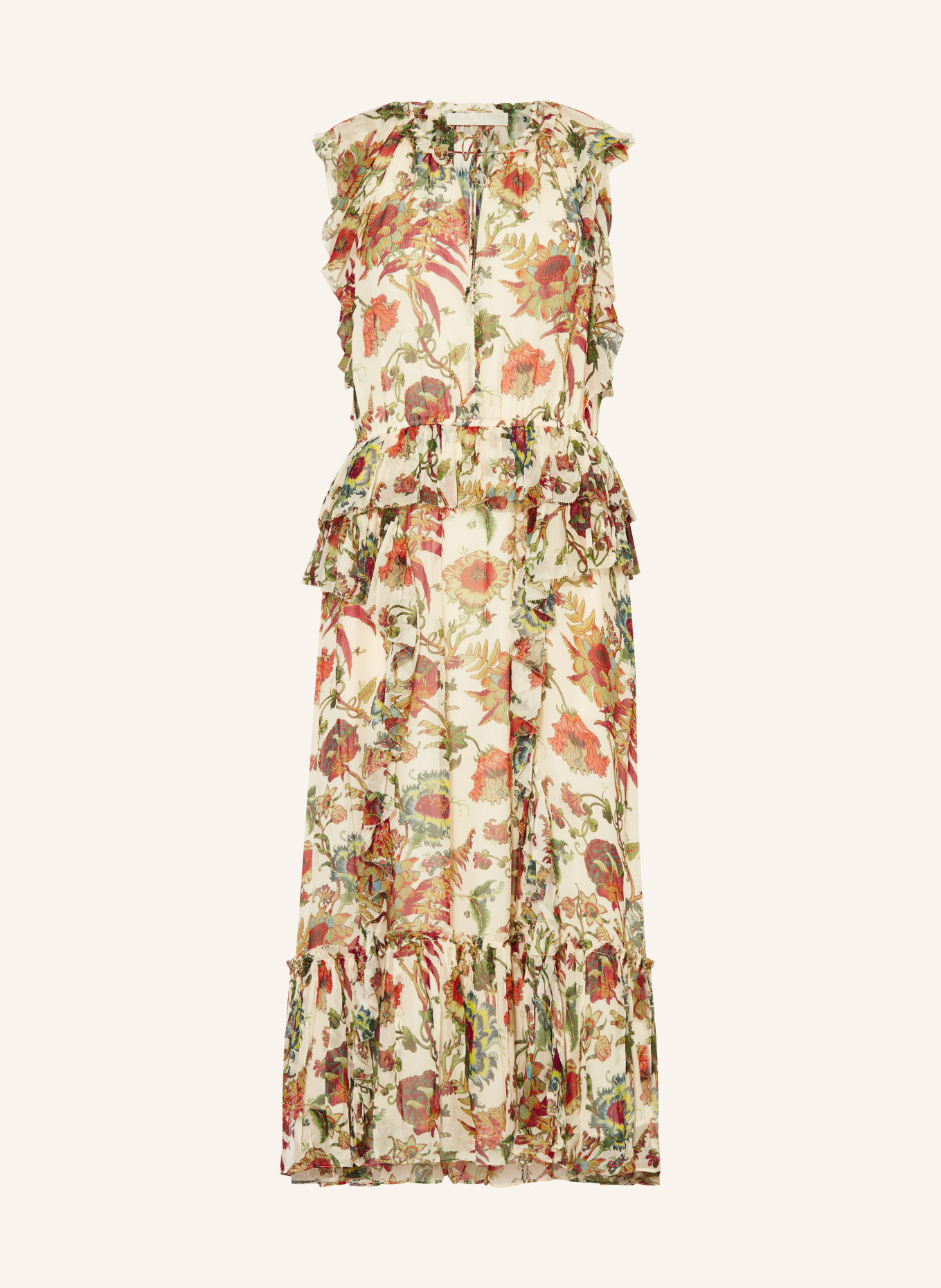 ULLA JOHNSON Silk dress ADRIENNE with ruffles, Color: LIGHT YELLOW/ DARK RED/ OLIVE (Image 1)