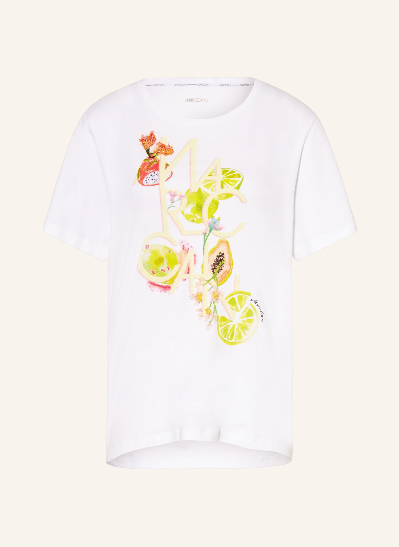 MARC CAIN T-shirt z cekinami i ozdobnymi perełkami, Kolor: 100 WHITE (Obrazek 1)
