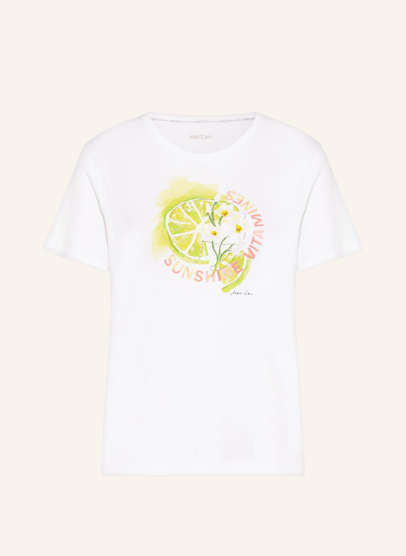 MARC CAIN T-shirt z cekinami i ozdobnymi perełkami, Kolor: 100 WHITE (Obrazek 1)
