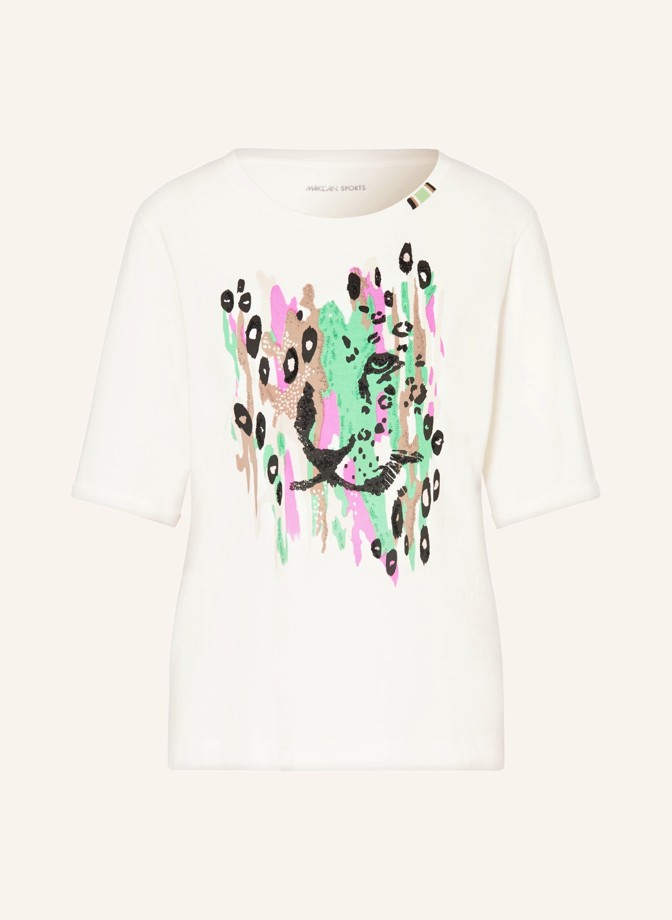 MARC CAIN T-shirt z cekinami i ozdobnymi kamykami, Kolor: 110 off (Obrazek 1)