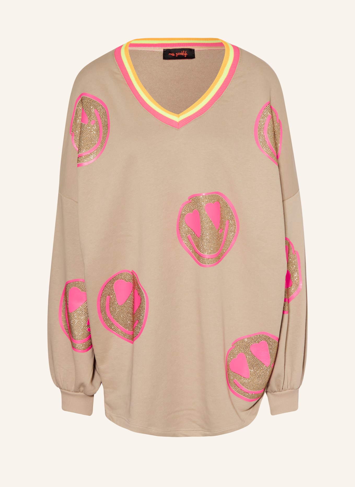 miss goodlife Oversized sweatshirt HAPPY FACE with decorative gems, Color: BEIGE/ NEON PINK/ GOLD (Image 1)