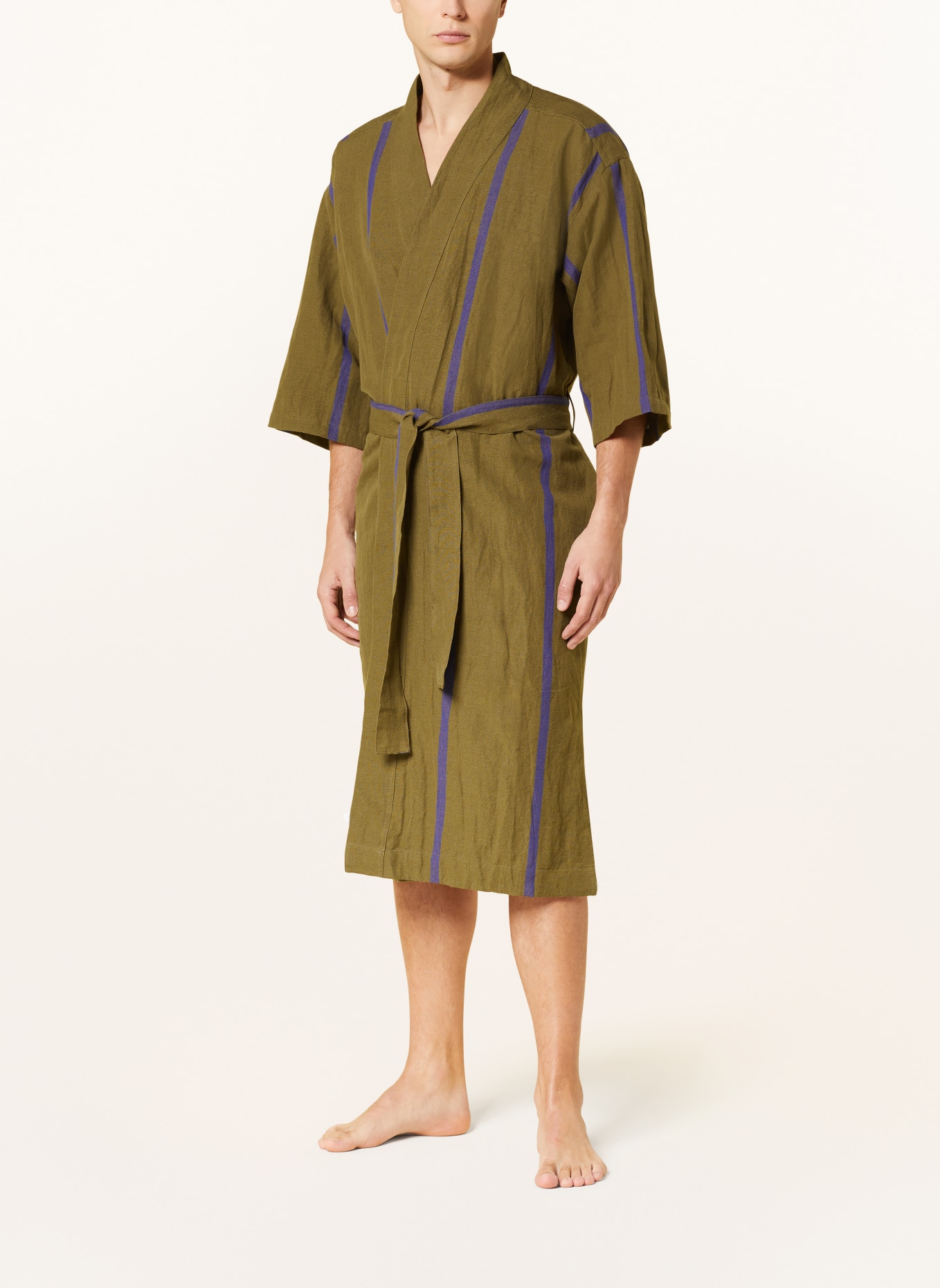 Ferm LIVING Unisex bathrobe FIELD ROBE with linen, Color: OLIVE/ BLUE (Image 2)
