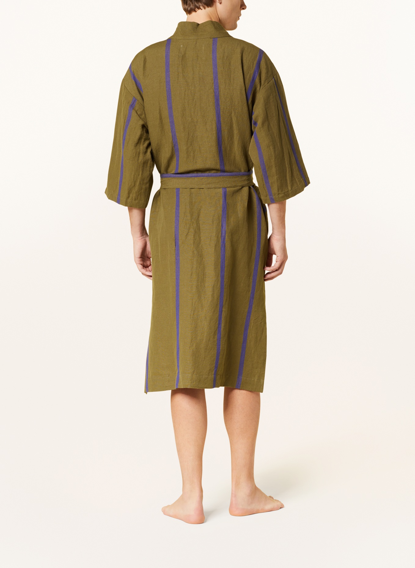 Ferm LIVING Unisex bathrobe FIELD ROBE with linen, Color: OLIVE/ BLUE (Image 3)