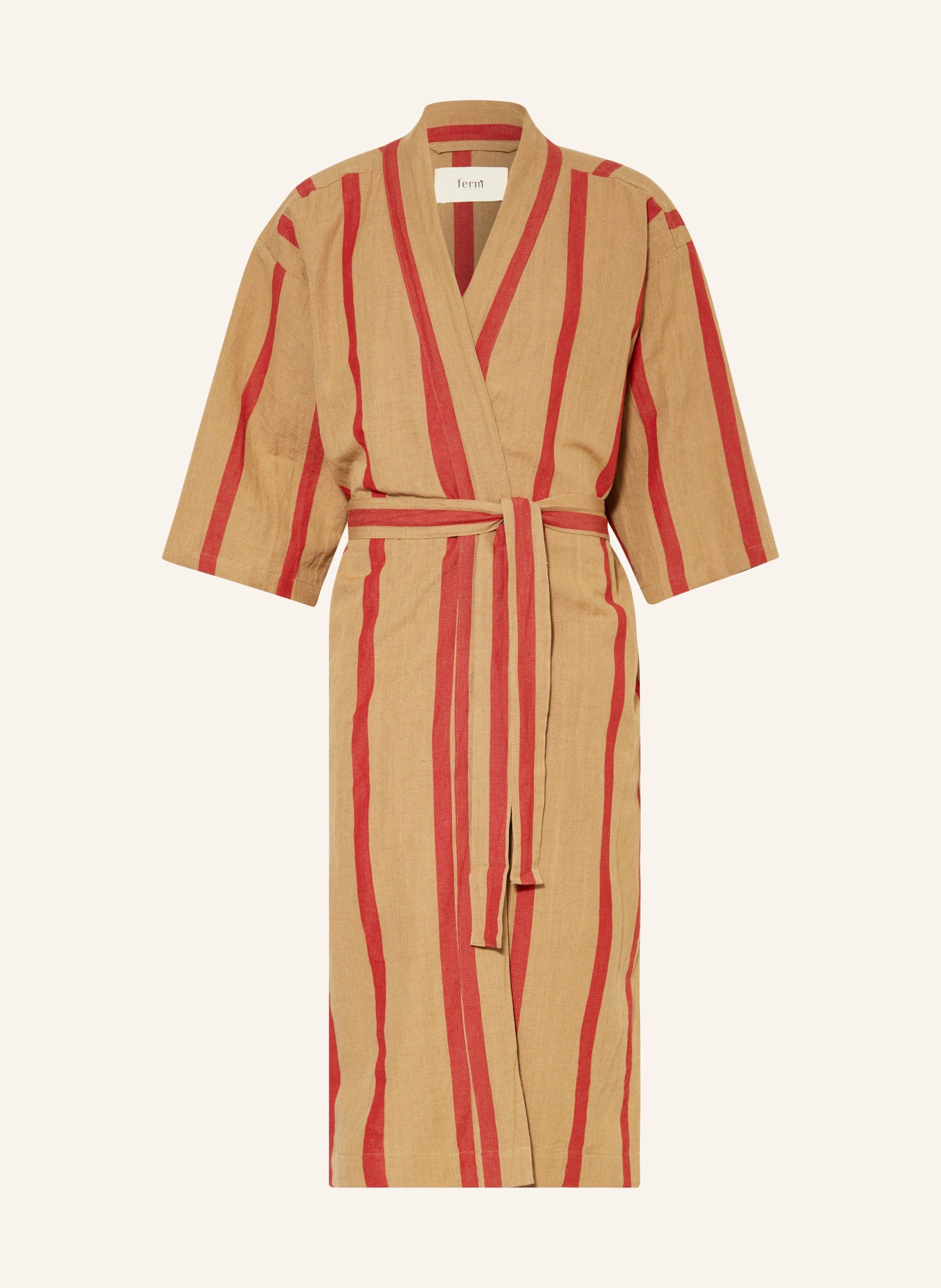 Ferm LIVING Unisex bathrobe FIELD ROBE with linen, Color: CAMEL/ RED (Image 1)