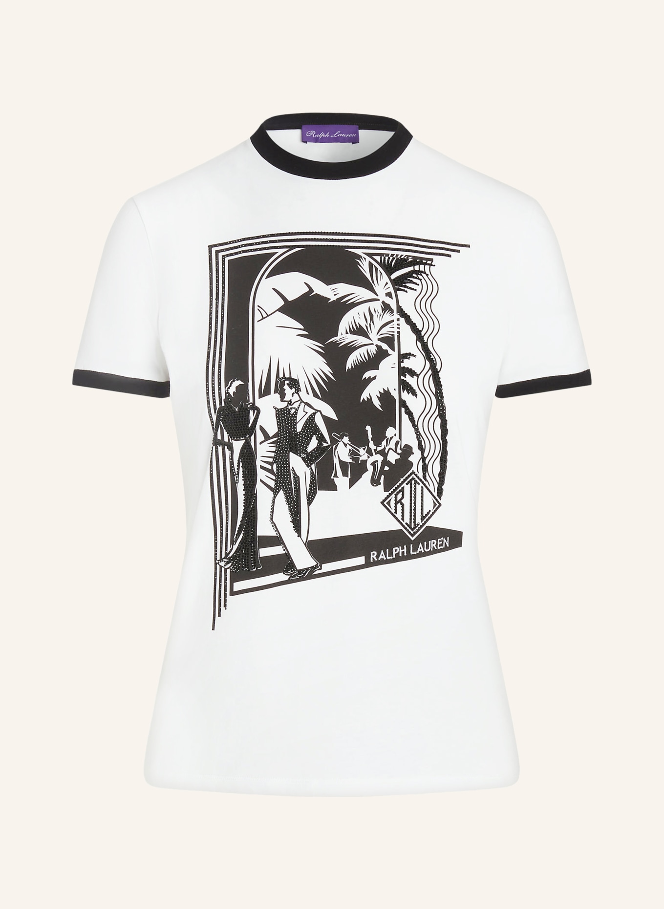 RALPH LAUREN Collection T-shirt z obszyciem ozdobnymi kamykami, Kolor: BIAŁY/ CZARNY (Obrazek 1)