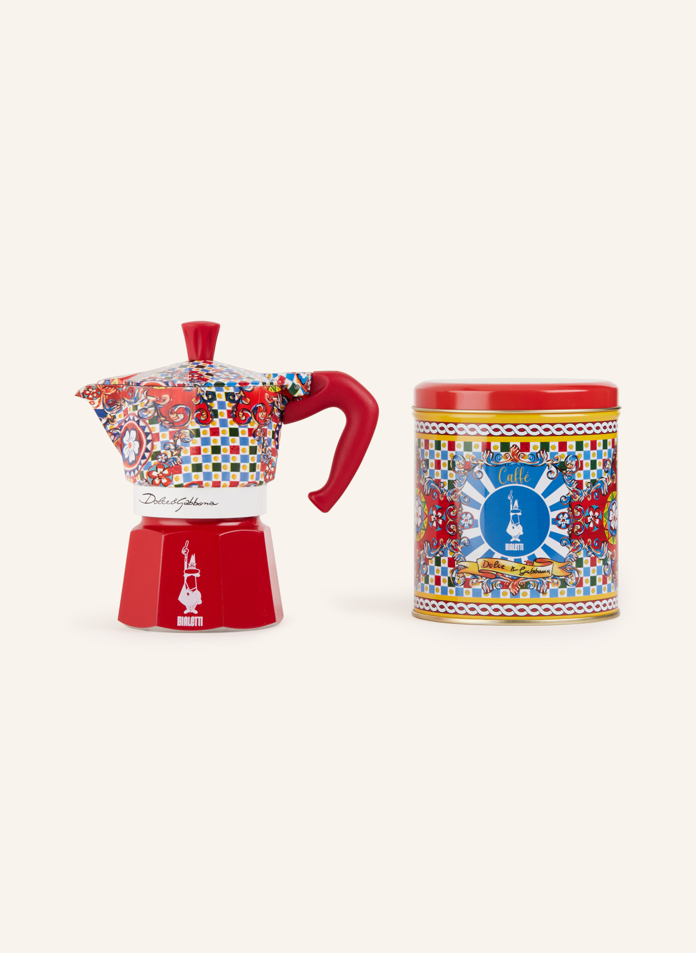 DOLCE & GABBANA CASA 3-piece Set: Espresso maker, coffee canister and coffee, Color: RED/ BLUE/ WHITE (Image 1)